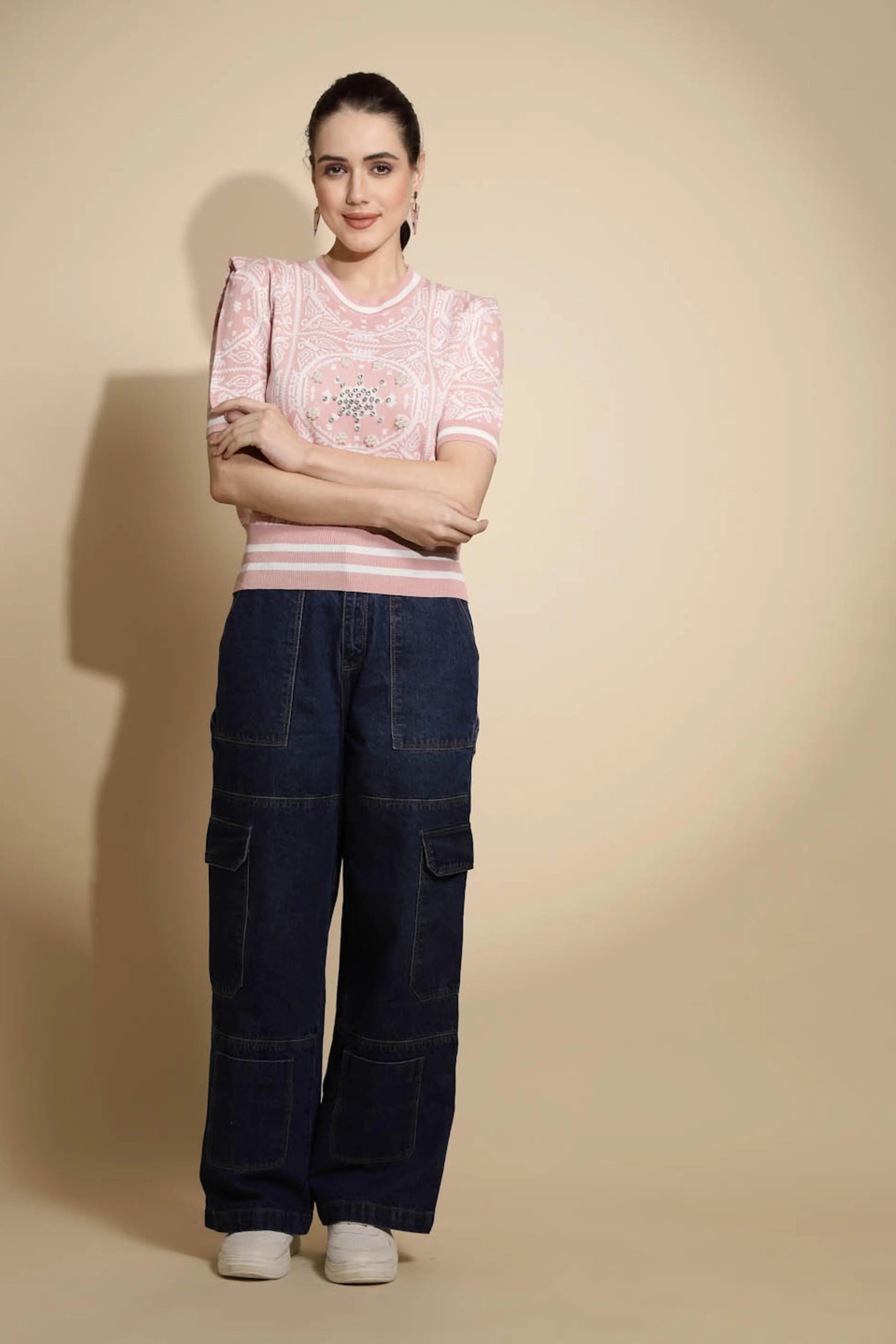 Pink Abstract Print Crew Neck Top - Global Republic