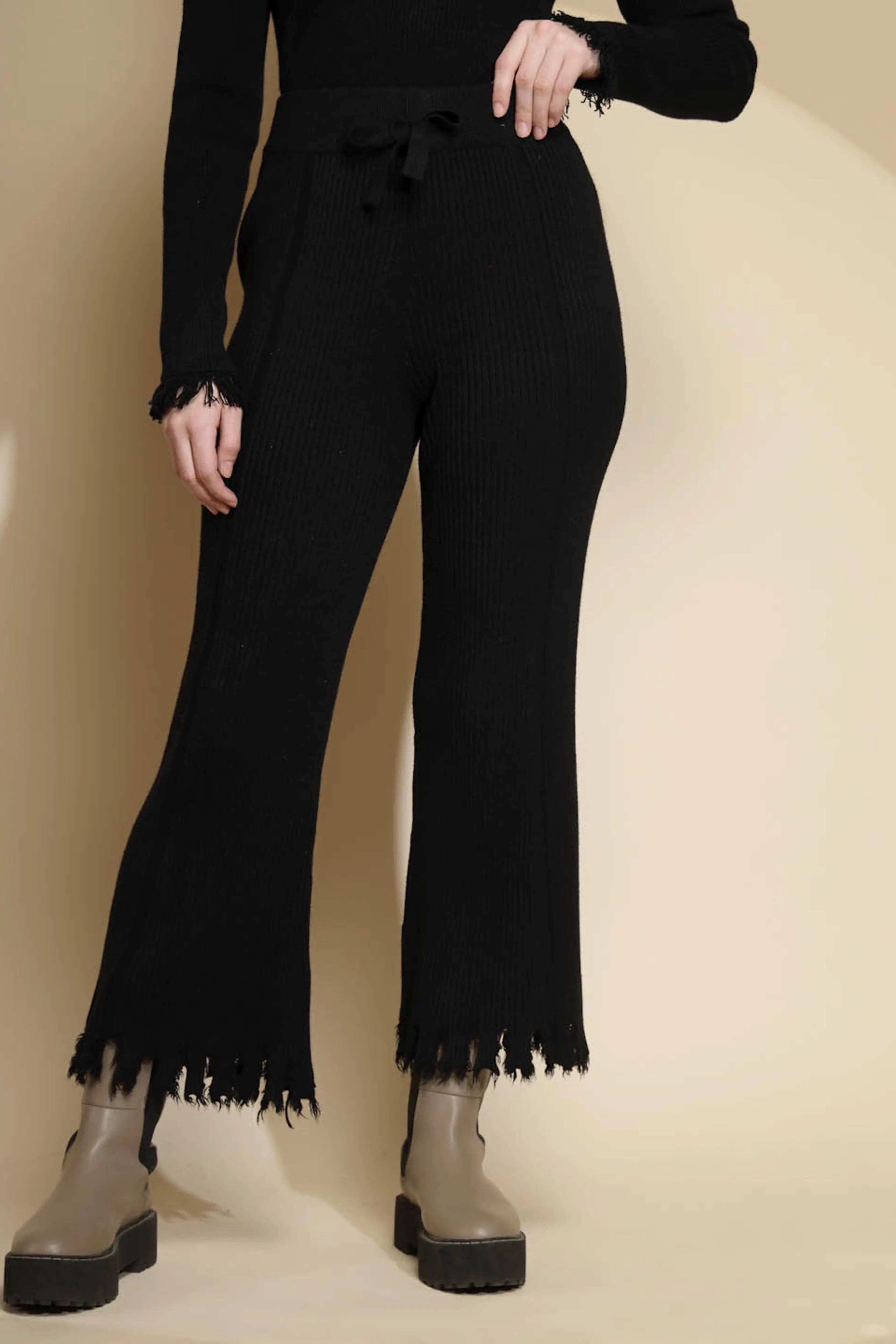 Solid Black Viscose Blend High Rise Fringed Lower - Global Republic
