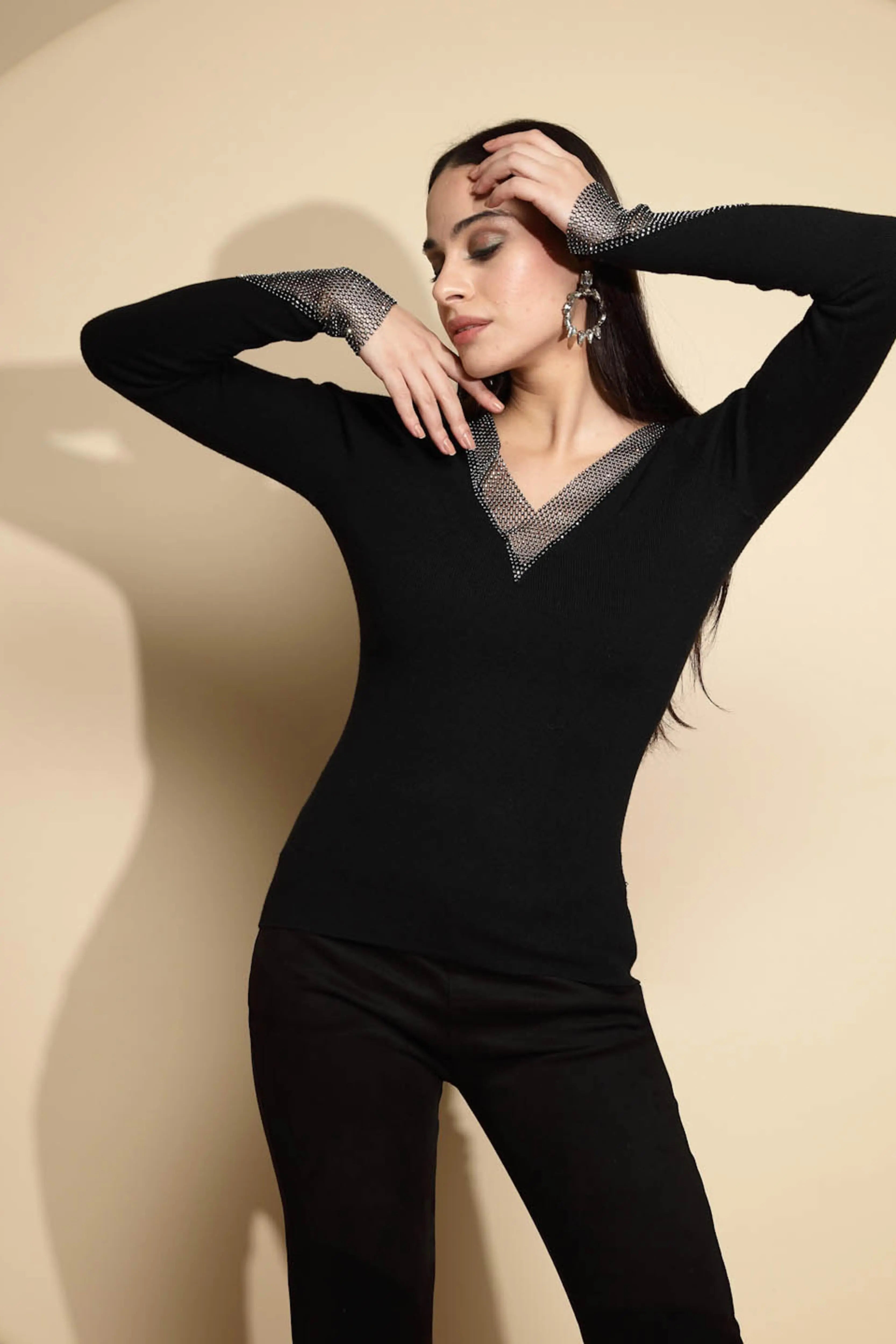 Black Embellished Full Sleeve V-Neck Casual Pullover - Global Republic