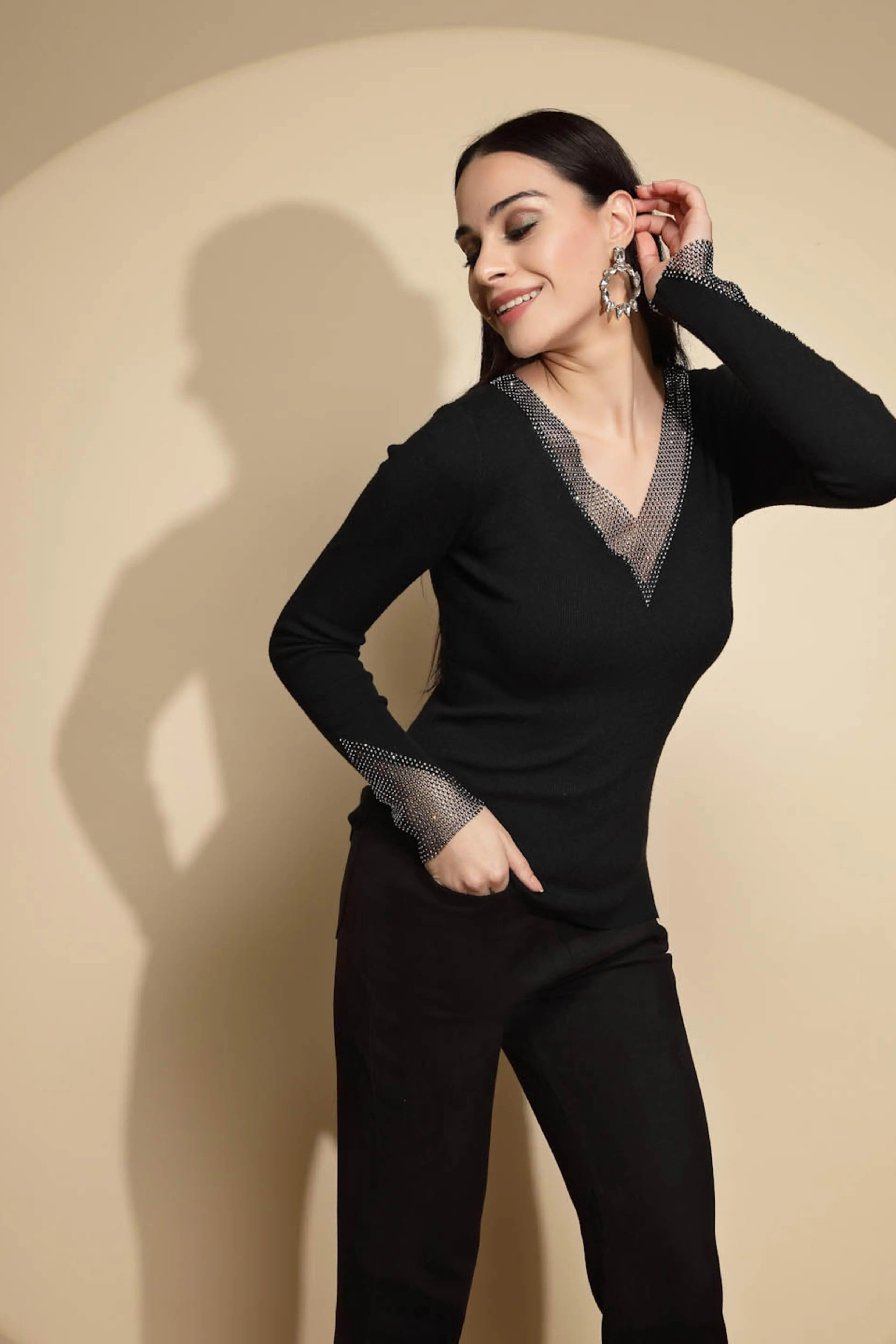 Black Embellished Full Sleeve V-Neck Casual Pullover - Global Republic