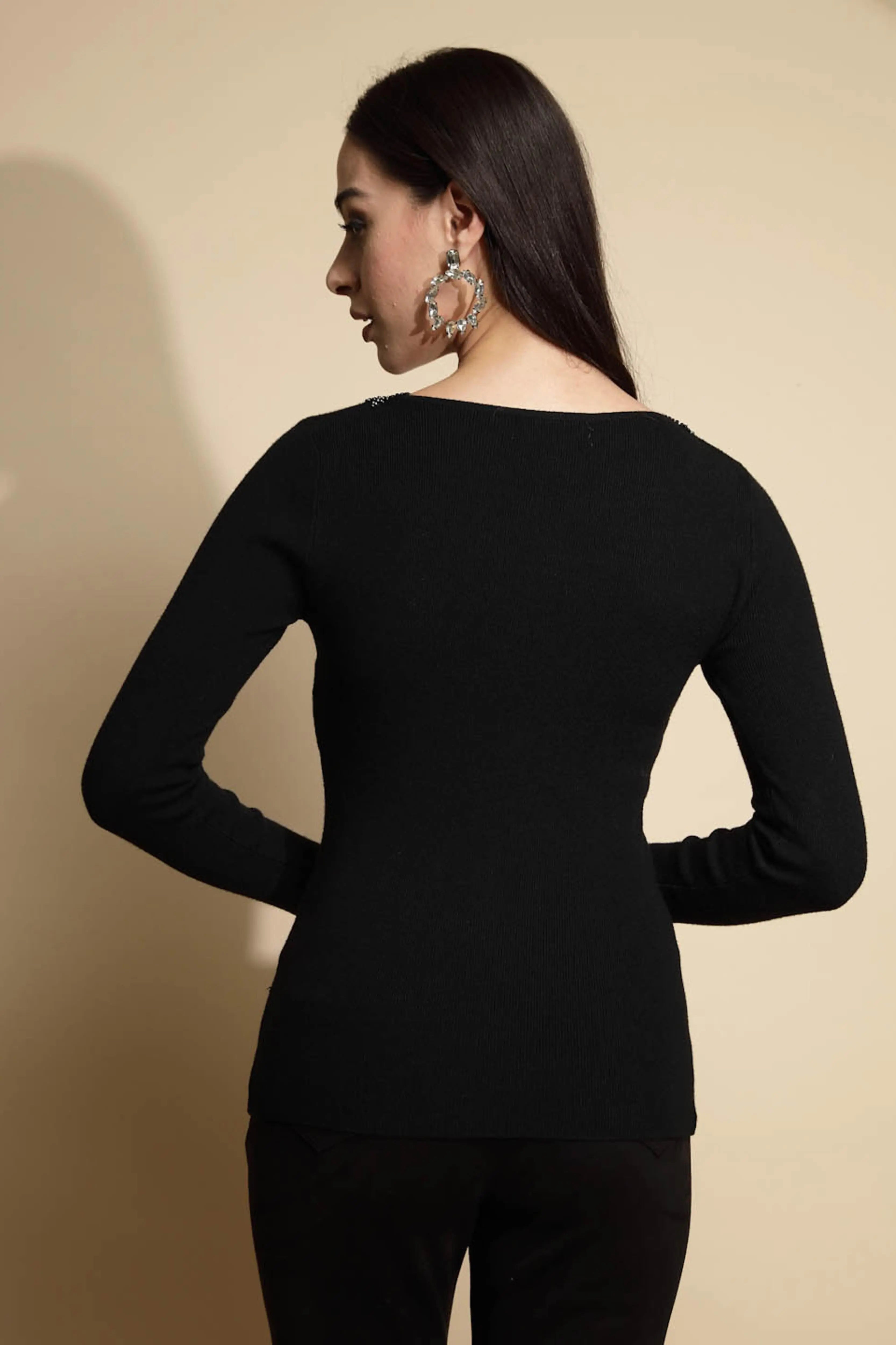 Black Embellished Full Sleeve V-Neck Casual Pullover - Global Republic