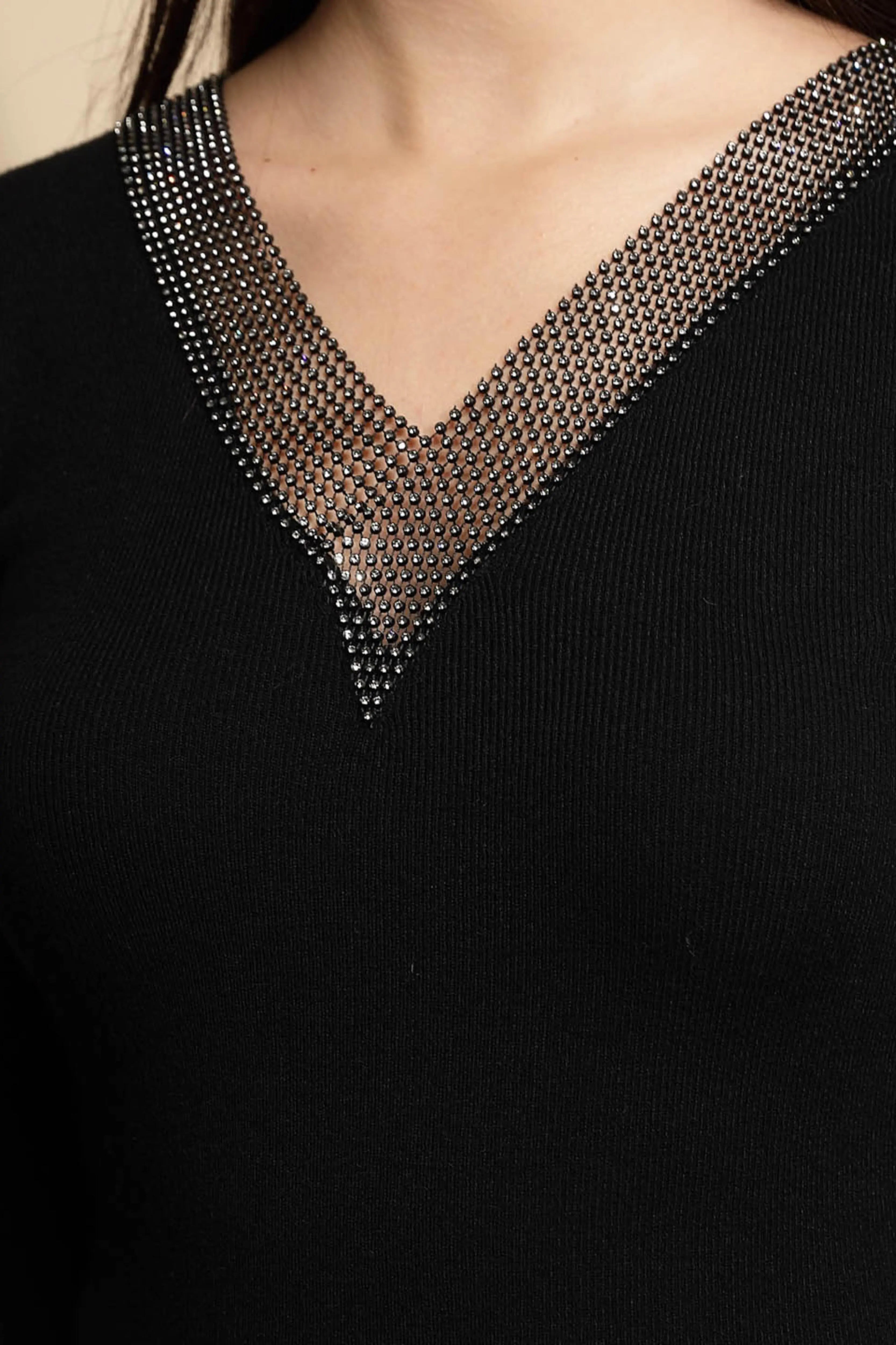 Black Embellished Full Sleeve V-Neck Casual Pullover - Global Republic
