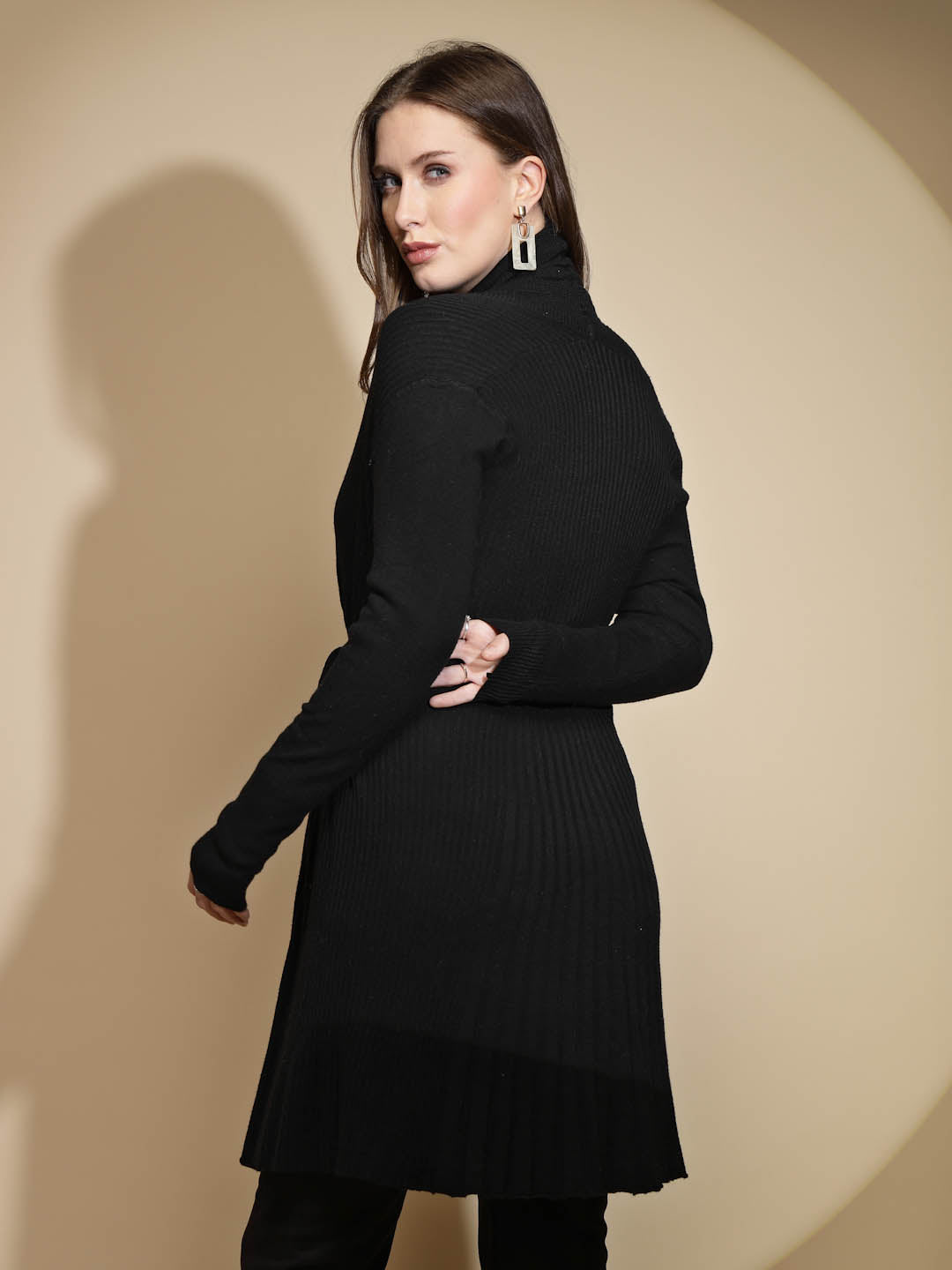Solid Black Full Sleeve Open Neck Wrap Woolen Winter Shrug Sweater - Global Republic