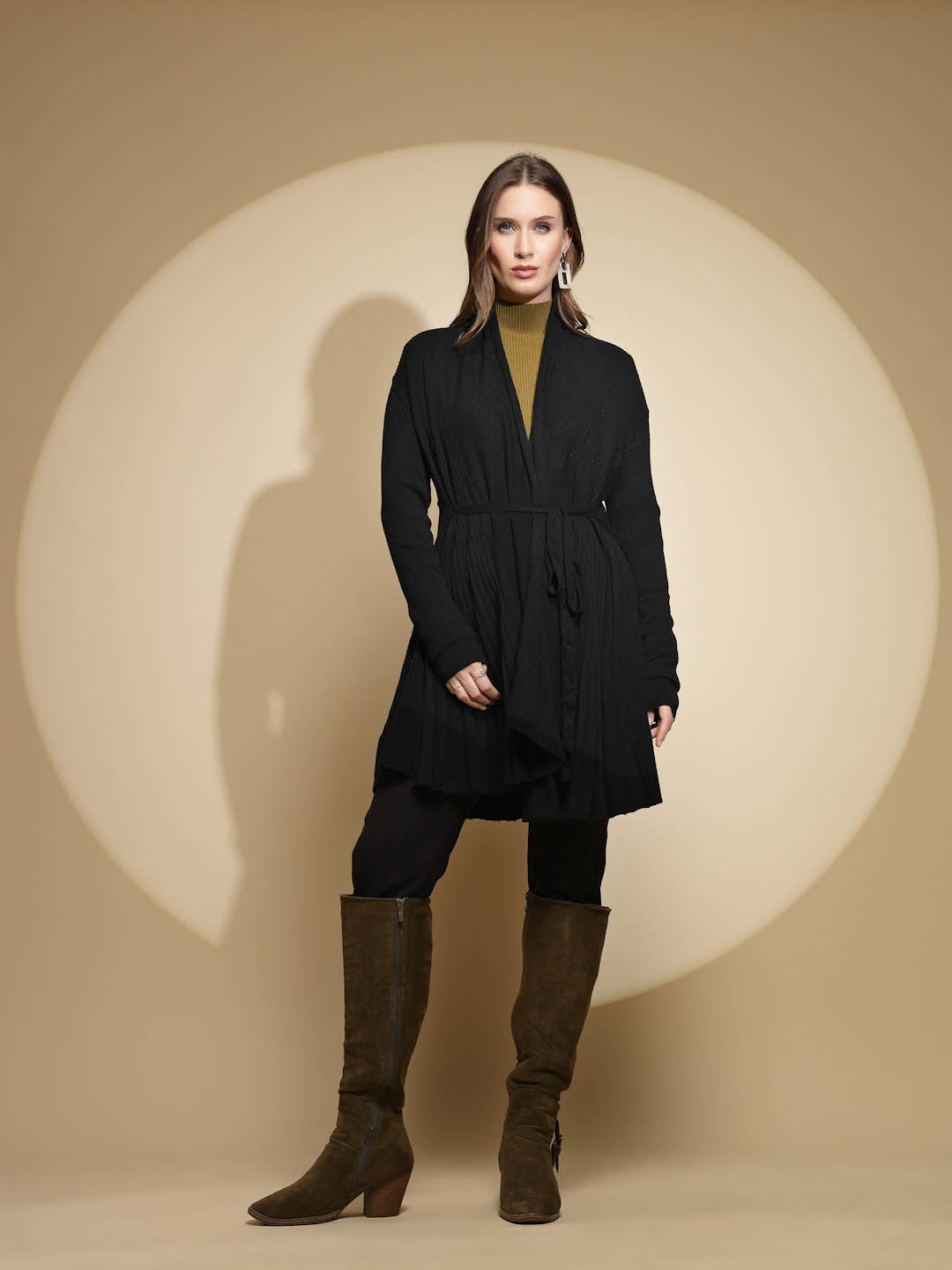 Solid Black Full Sleeve Open Neck Wrap Woolen Winter Shrug Sweater - Global Republic