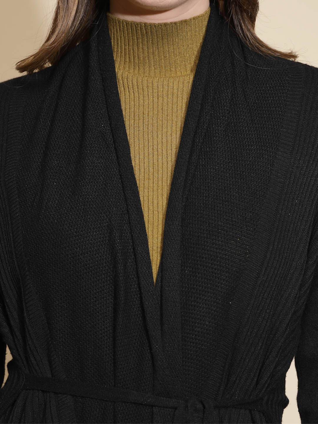 Solid Black Full Sleeve Open Neck Wrap Woolen Winter Shrug Sweater - Global Republic