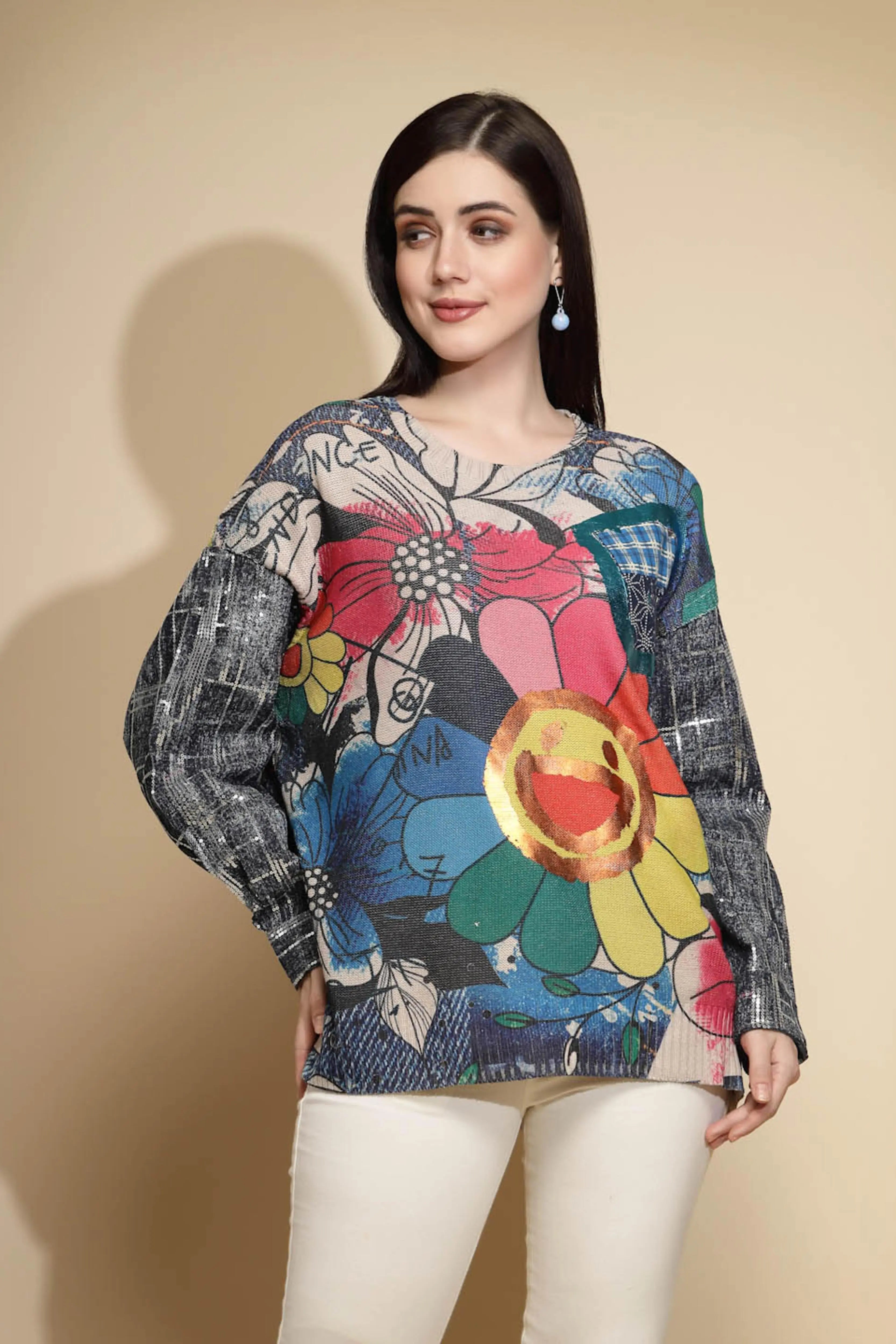 Multicolor Embellished Full Sleeve Round Neck Acrylic Pullover - Global Republic