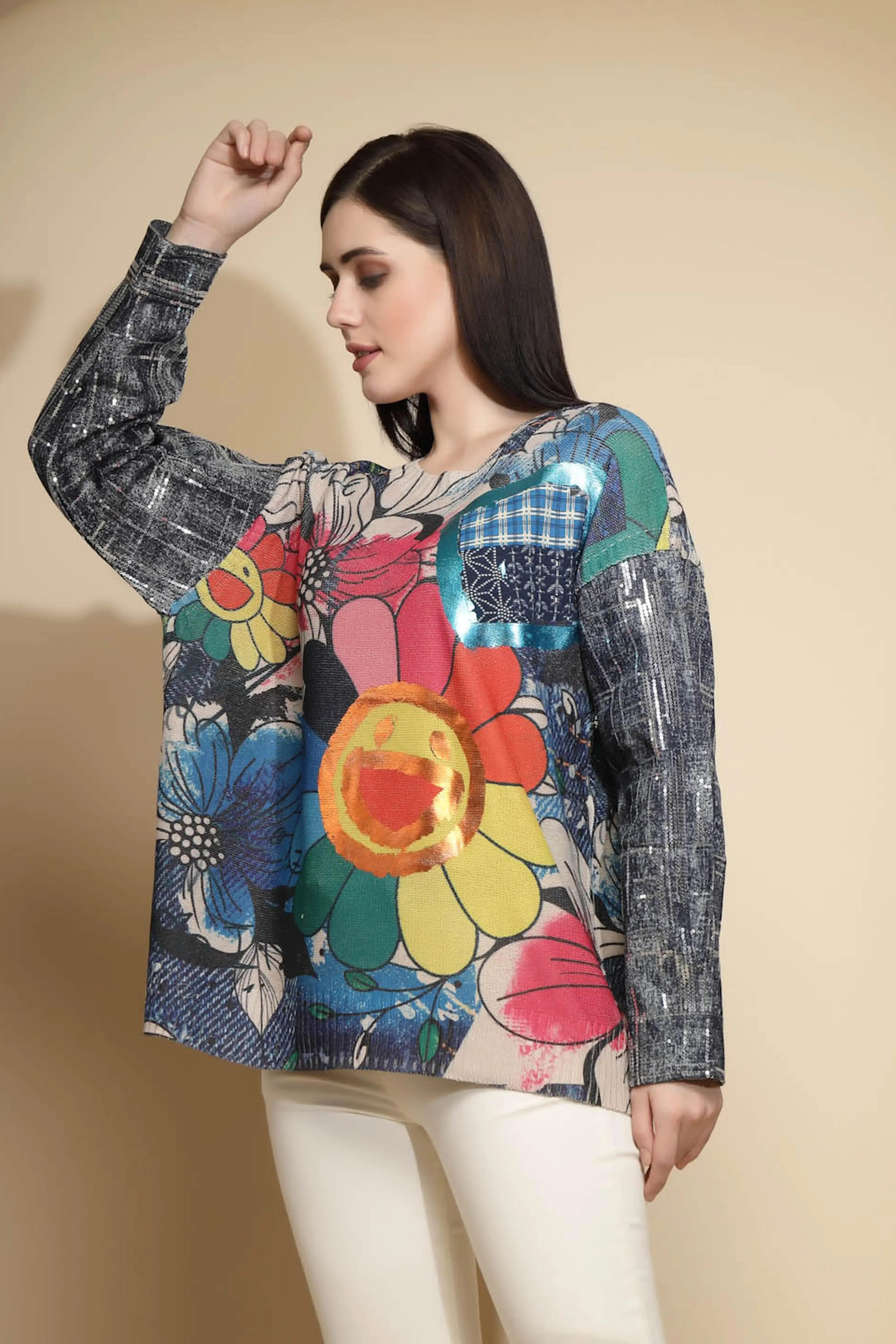 Multicolor Embellished Full Sleeve Round Neck Acrylic Pullover - Global Republic