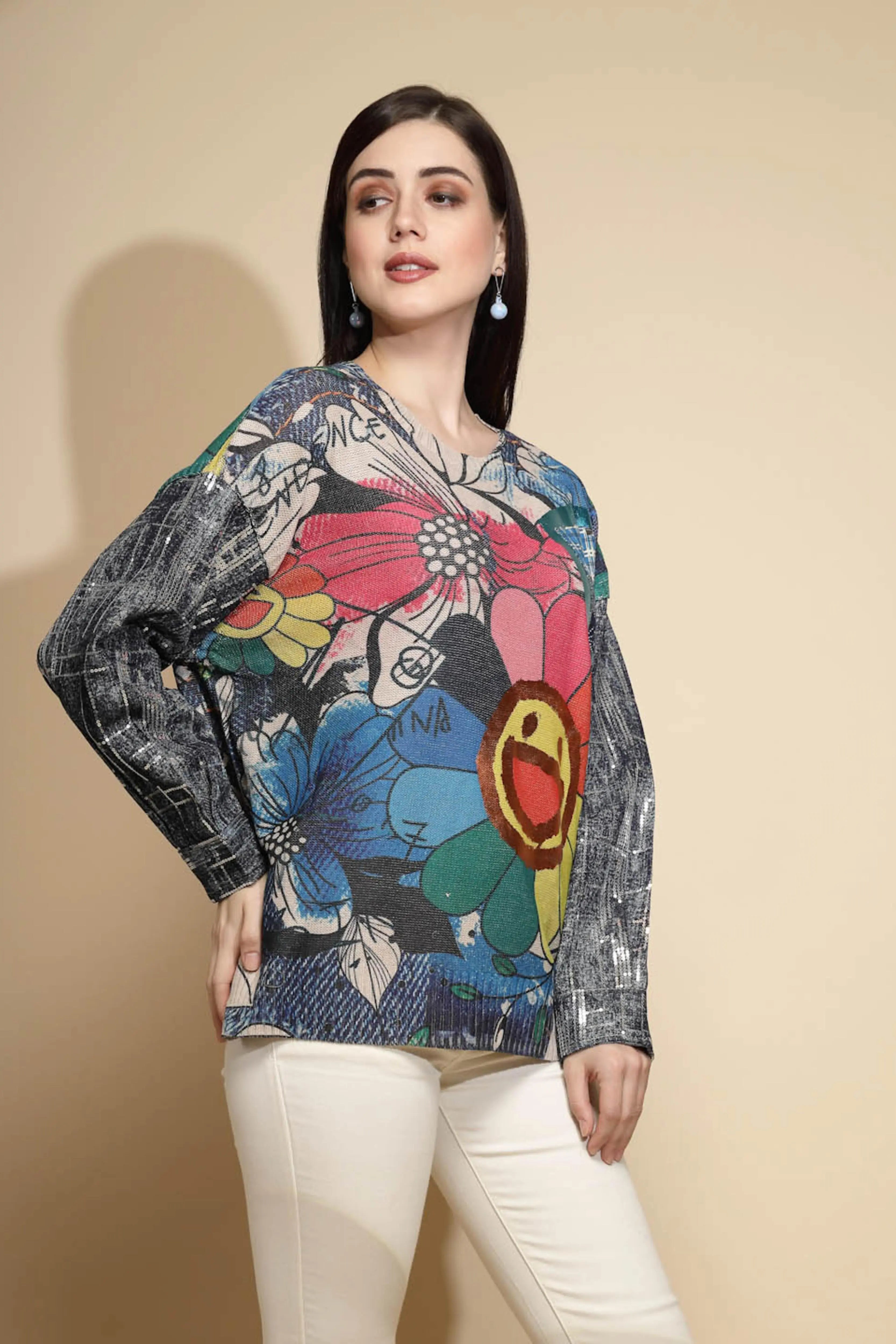 Multicolor Embellished Full Sleeve Round Neck Acrylic Pullover - Global Republic