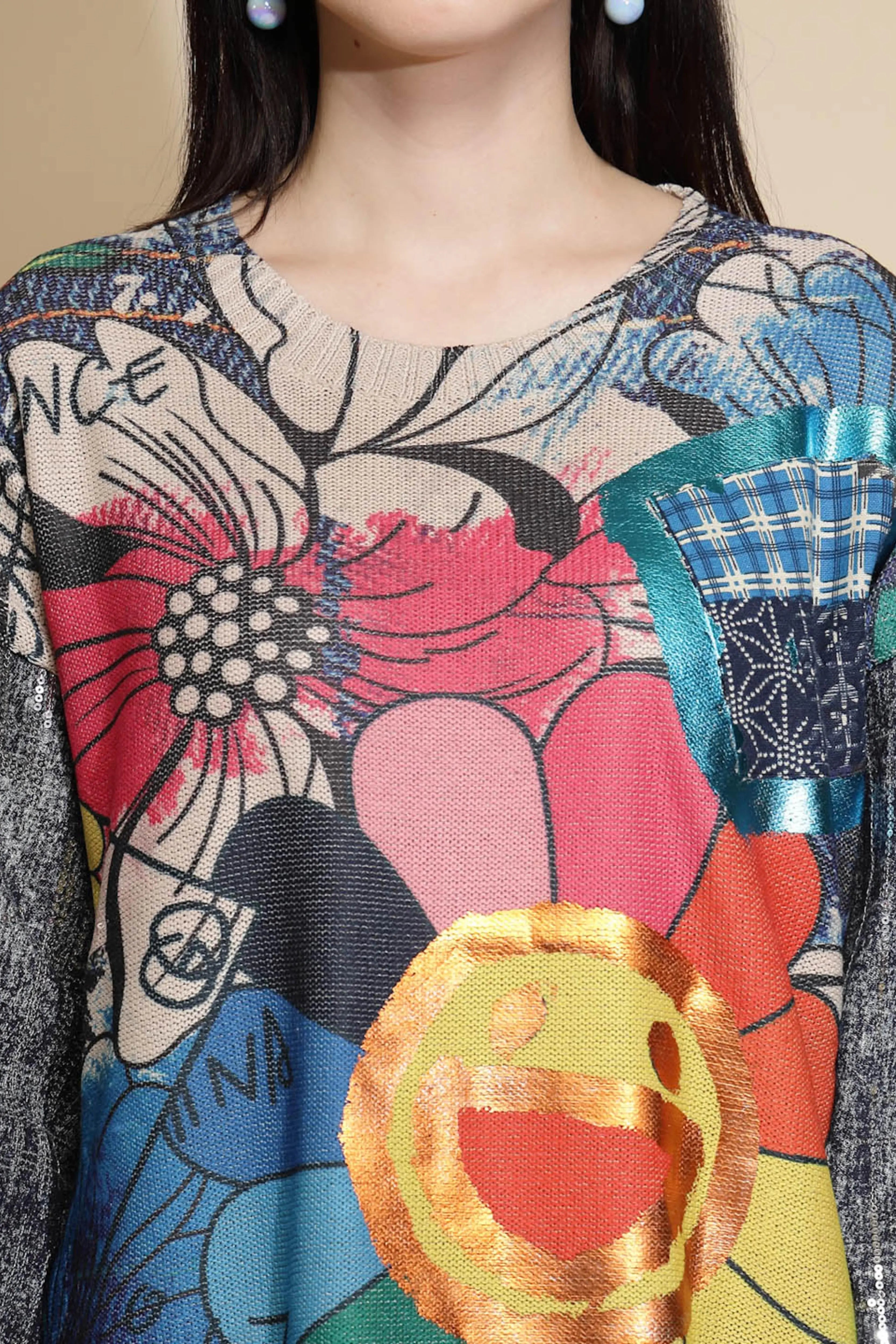 Multicolor Embellished Full Sleeve Round Neck Acrylic Pullover - Global Republic