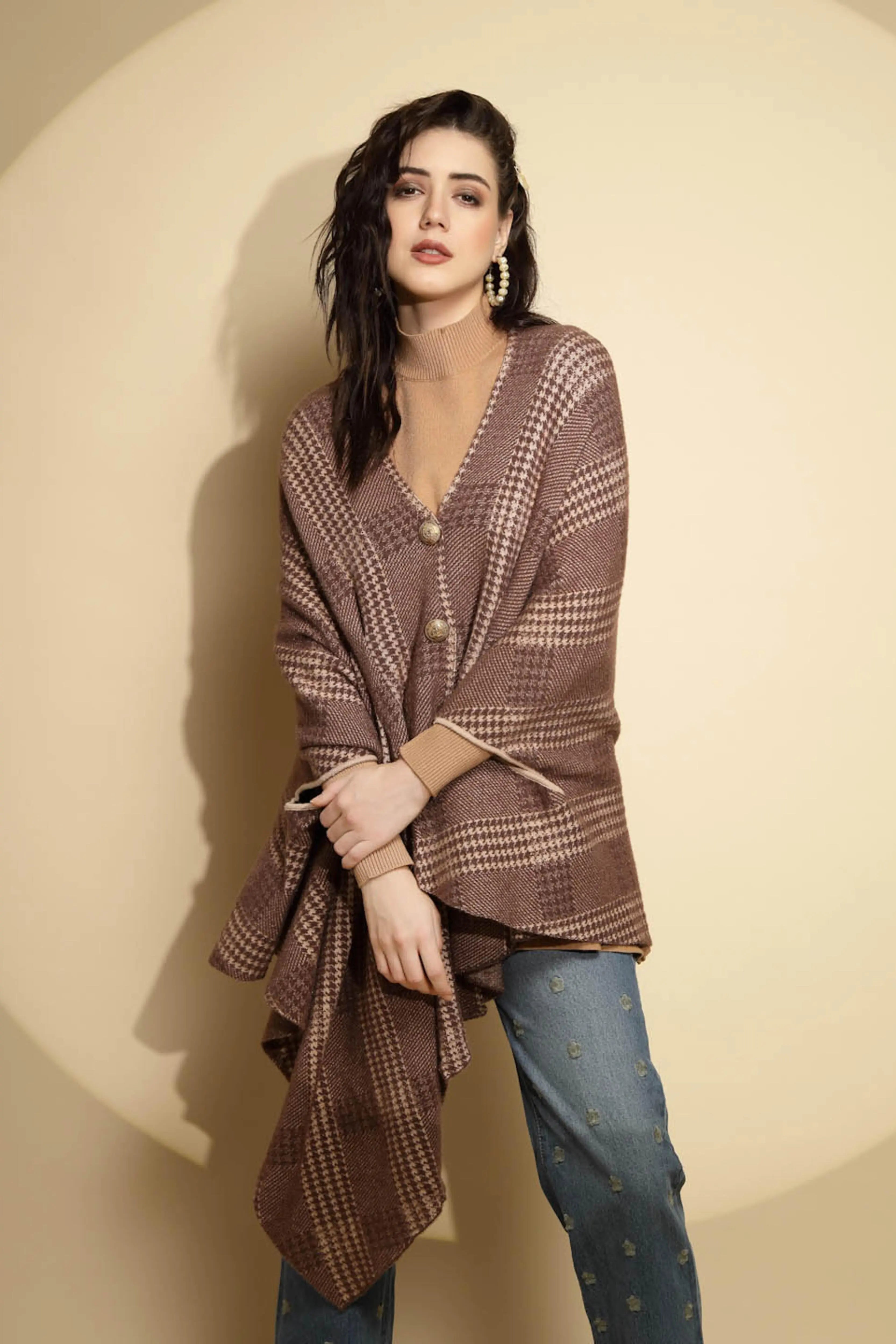 Brown Abstract Knitted Winter Shrug - Global Republic