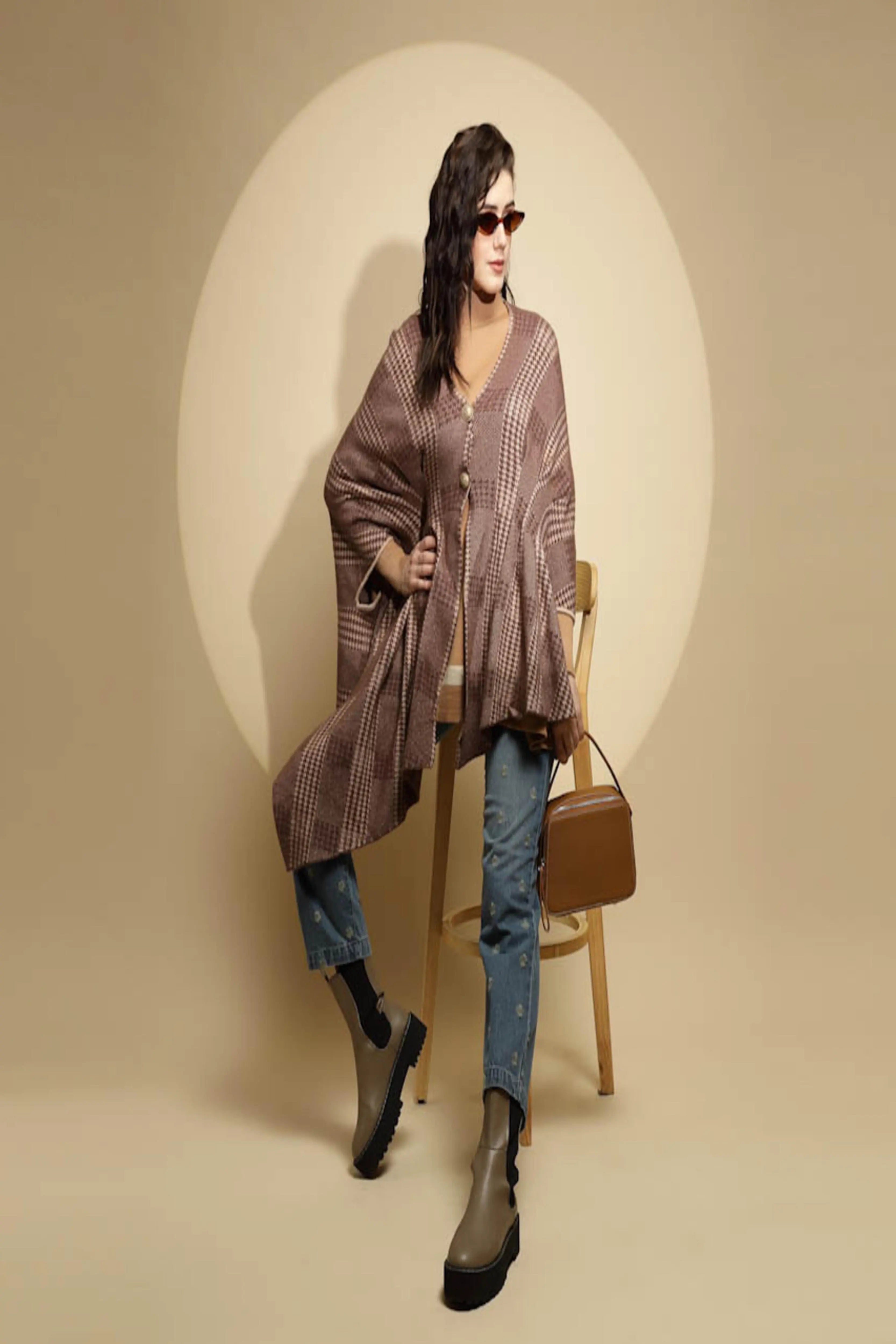 Brown Abstract Knitted Winter Shrug - Global Republic