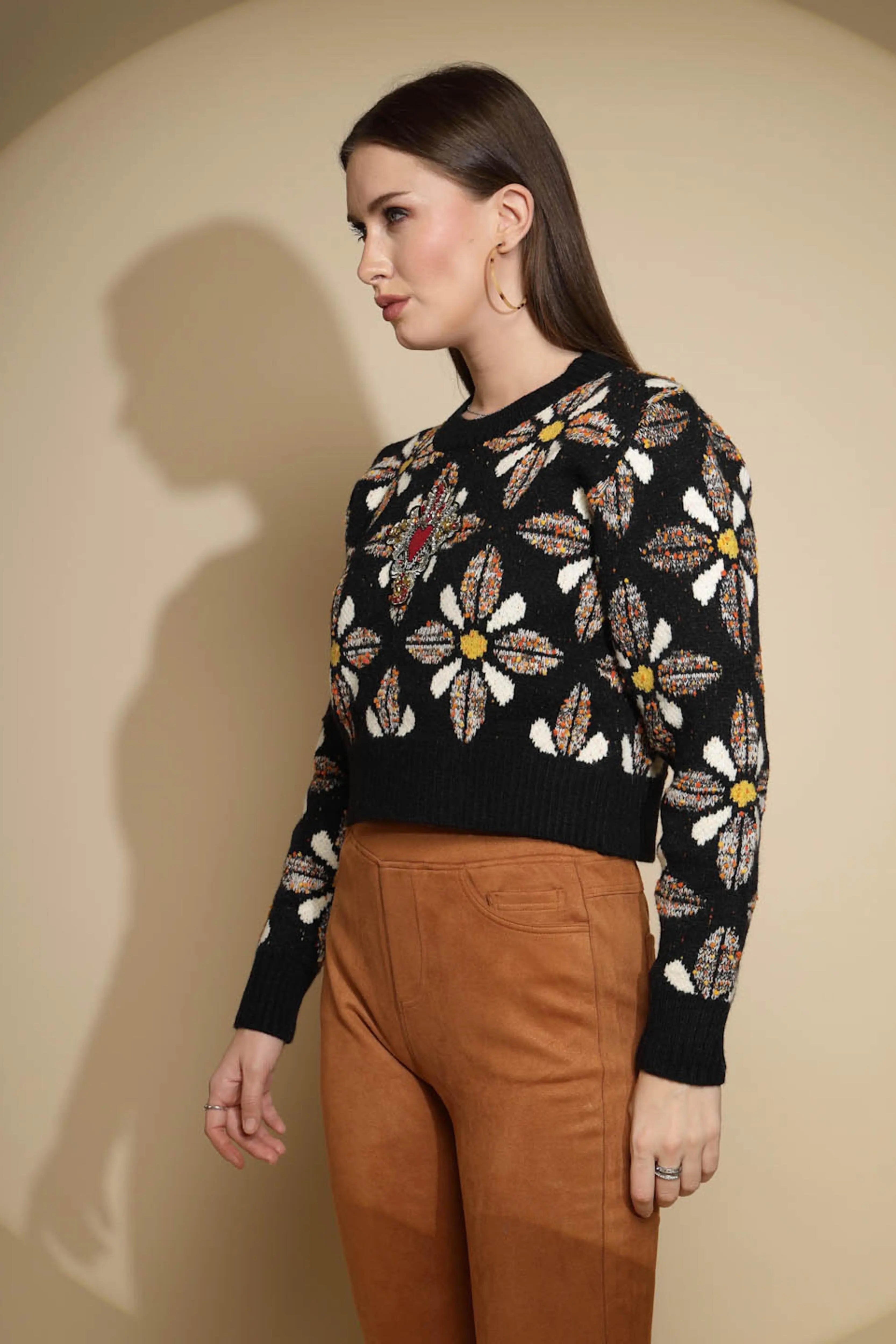 Black Embellished Jacquard Sweater - Global Republic