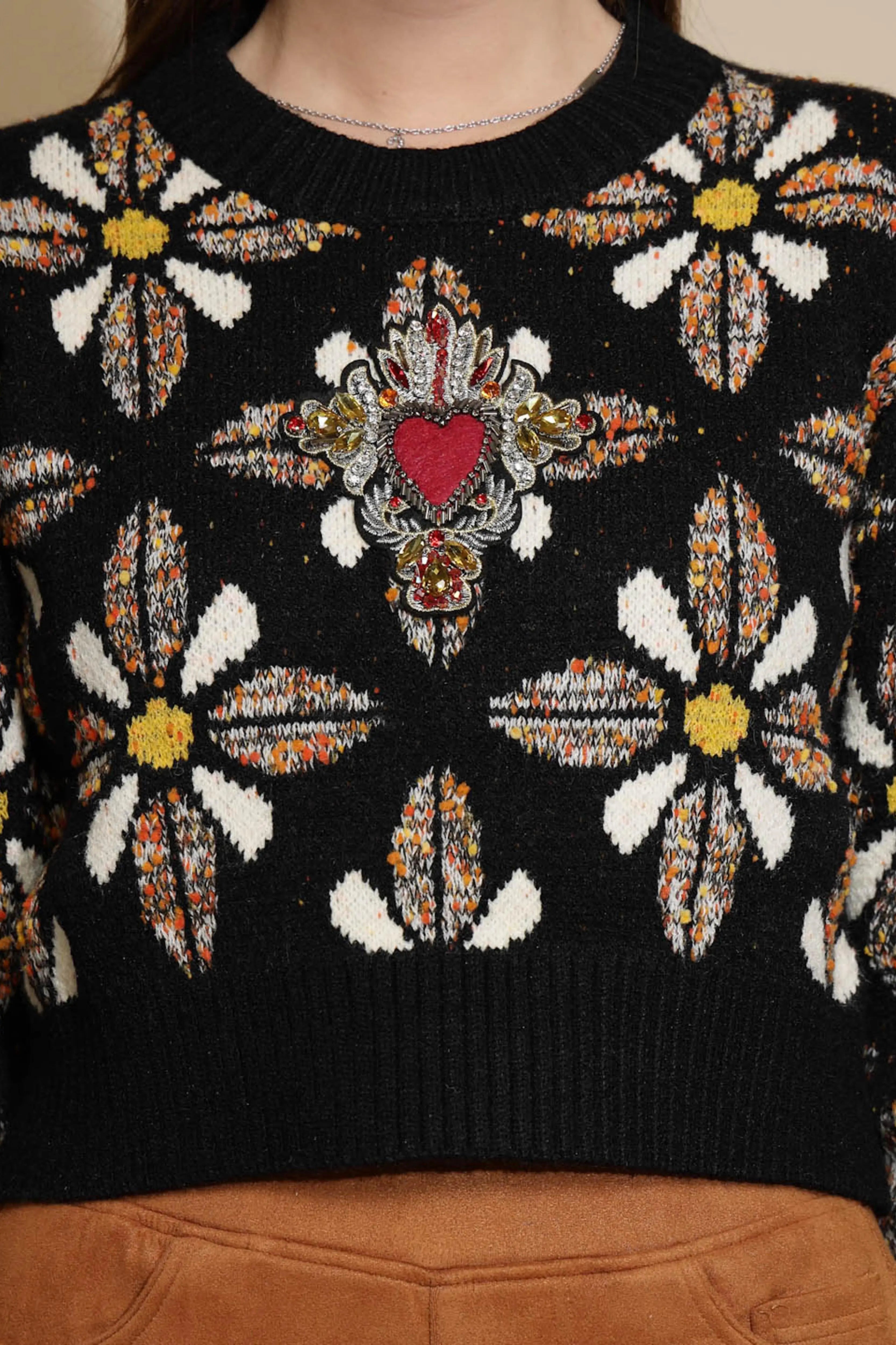 Black Embellished Jacquard Sweater - Global Republic
