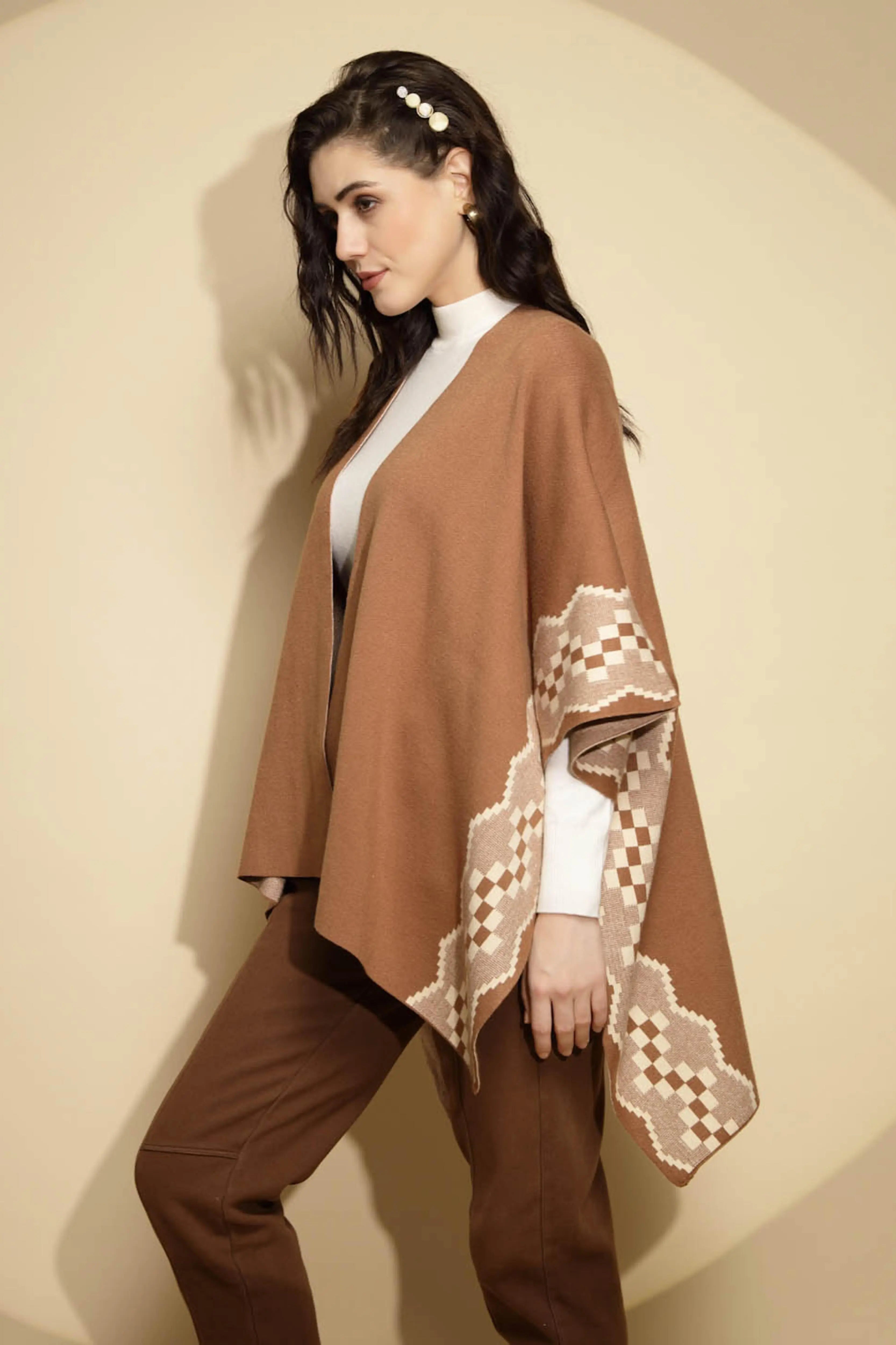 Brown Abstract Knitted Winter Shrug - Global Republic