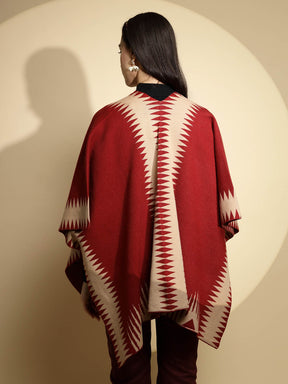 Maroon Abstract Print Winter Shrug