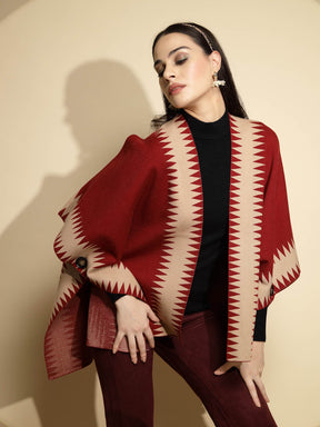 Maroon Abstract Print Winter Shrug