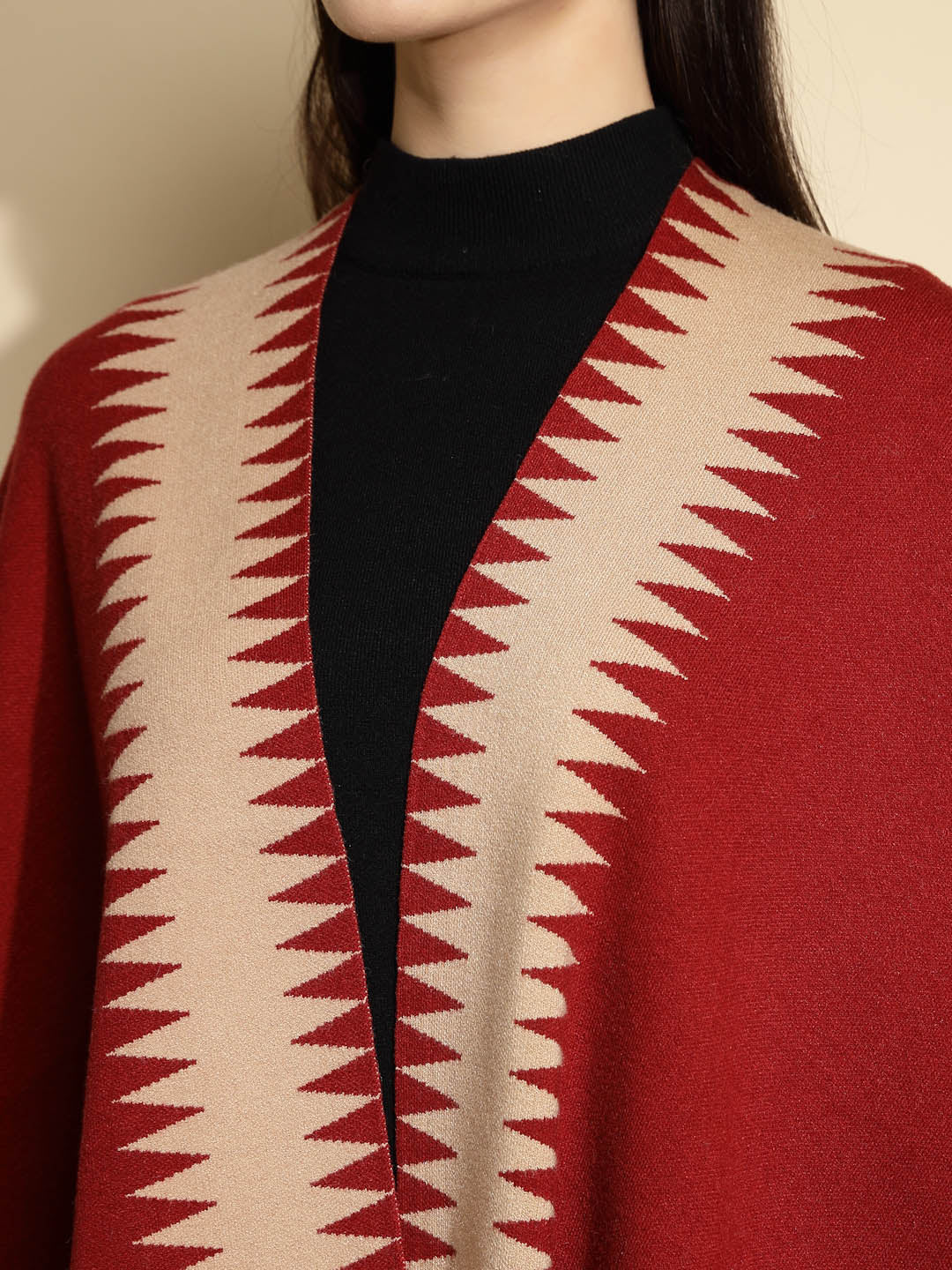 Maroon Abstract Print Winter Shrug