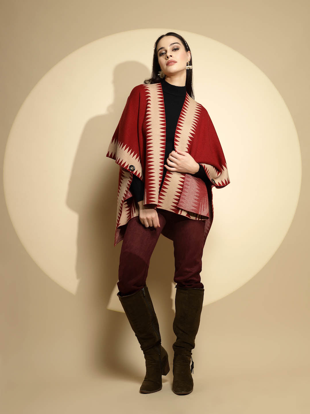 Maroon Abstract Print Winter Shrug