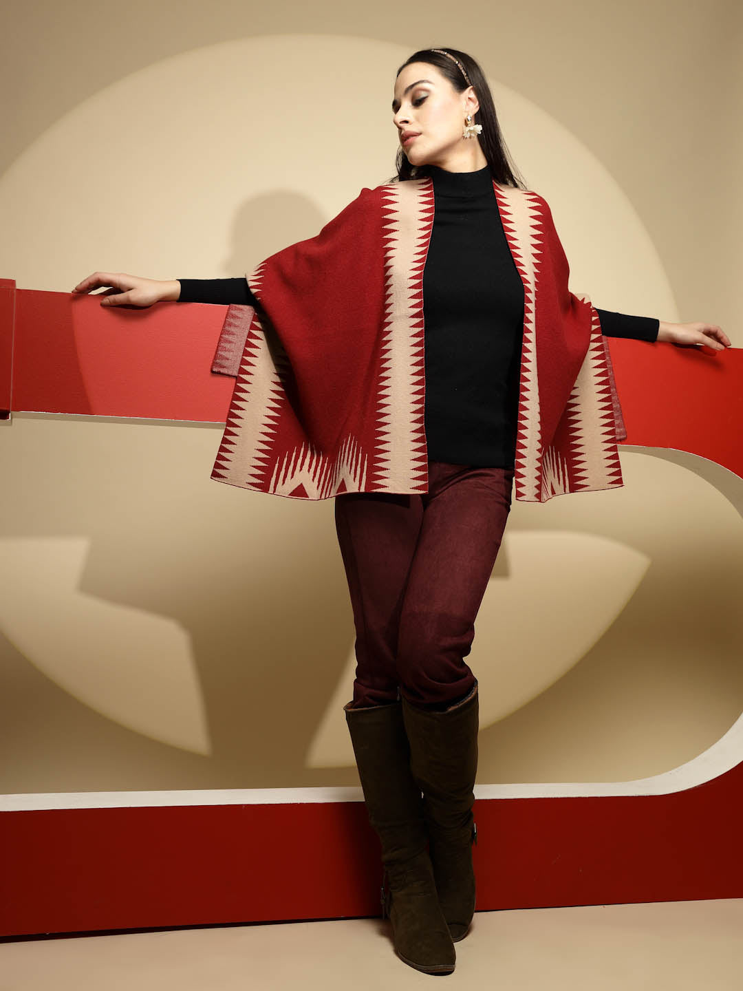 Maroon Abstract Print Winter Shrug
