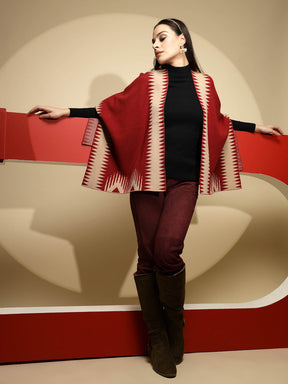 Maroon Abstract Print Winter Shrug