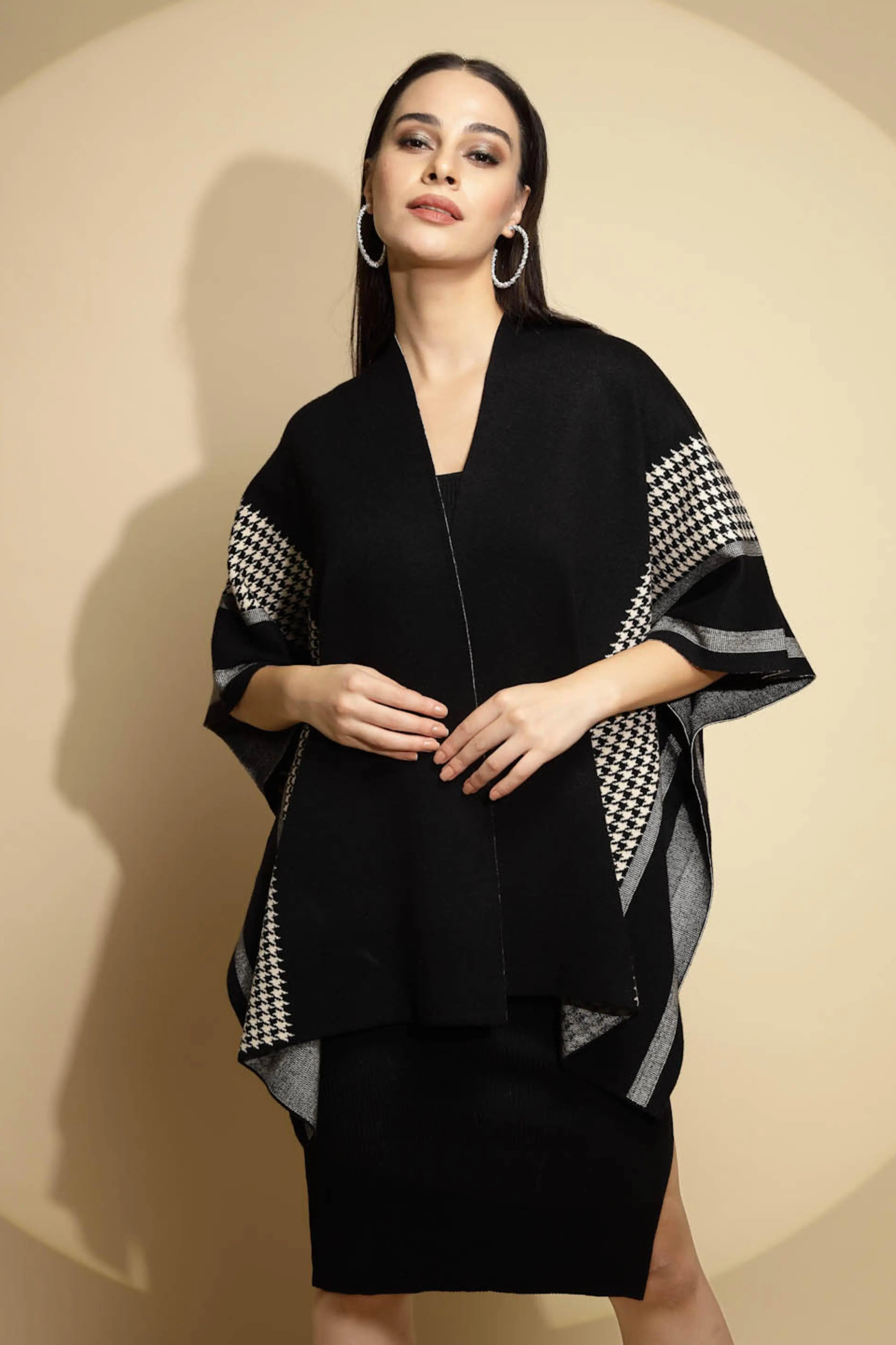 Black Abstract Print Half Sleeve Open Neck Knitted Winter Shrug - Global Republic