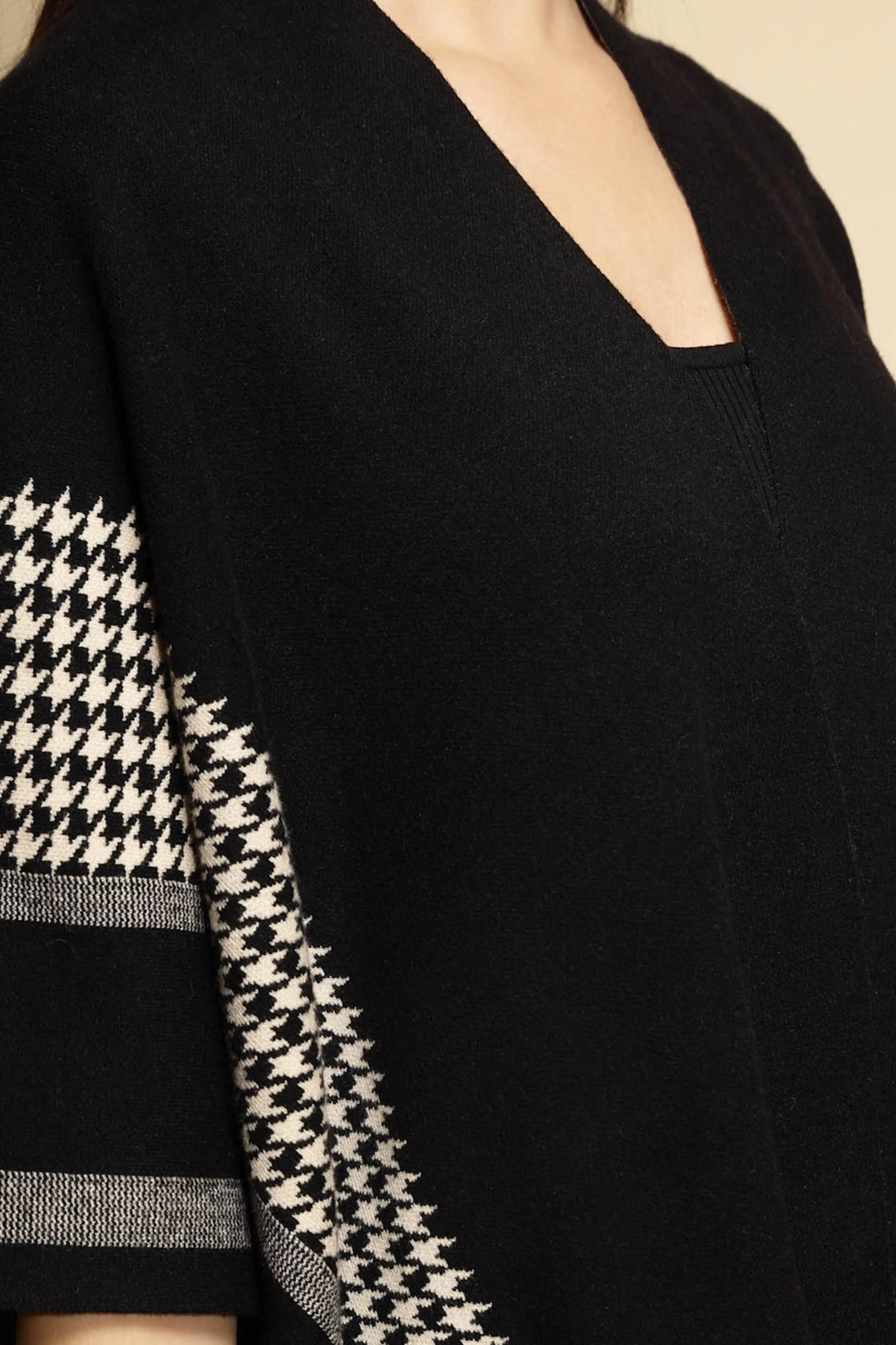 Black Abstract Print Half Sleeve Open Neck Knitted Winter Shrug - Global Republic