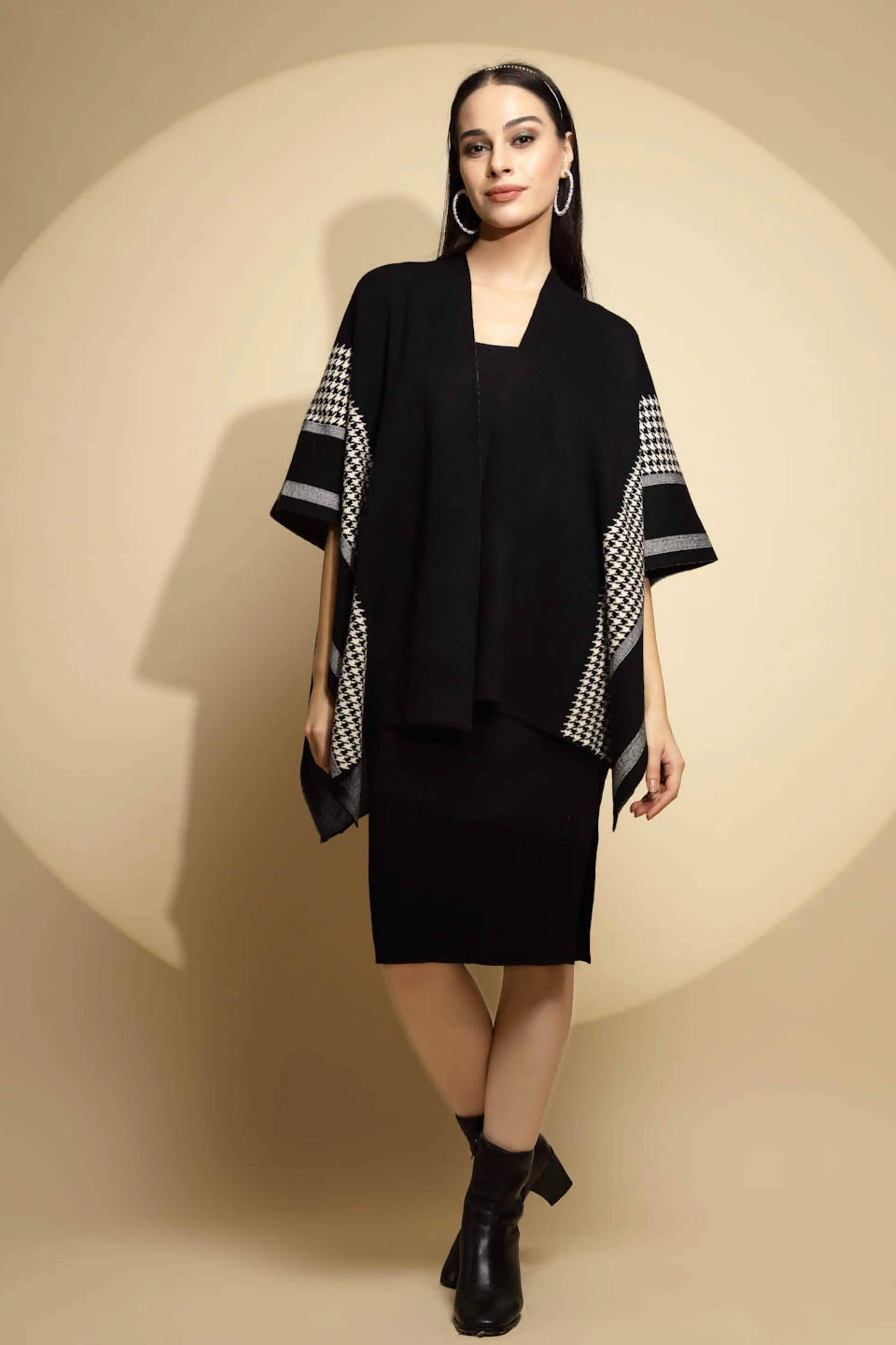 Black Abstract Print Half Sleeve Open Neck Knitted Winter Shrug - Global Republic