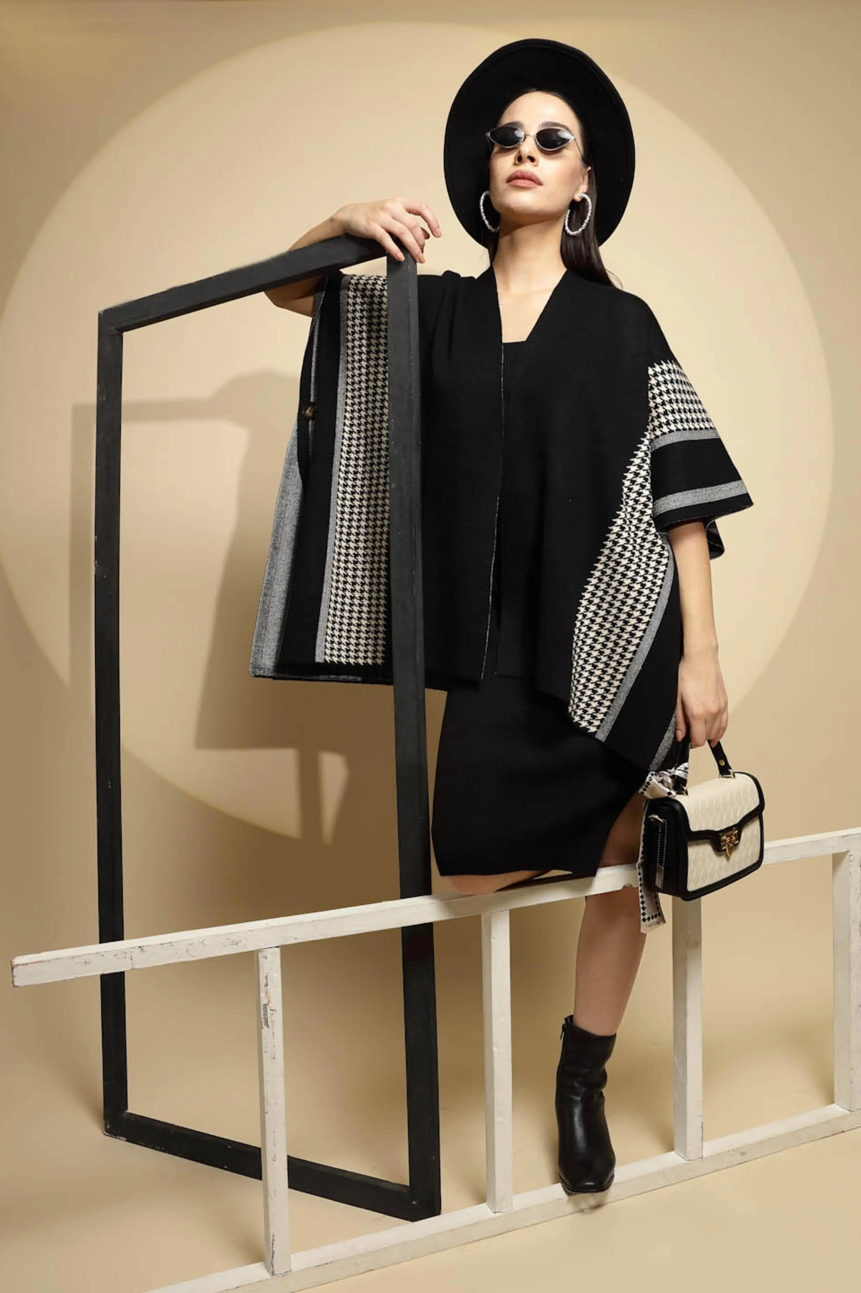 Black Abstract Print Half Sleeve Open Neck Knitted Winter Shrug - Global Republic