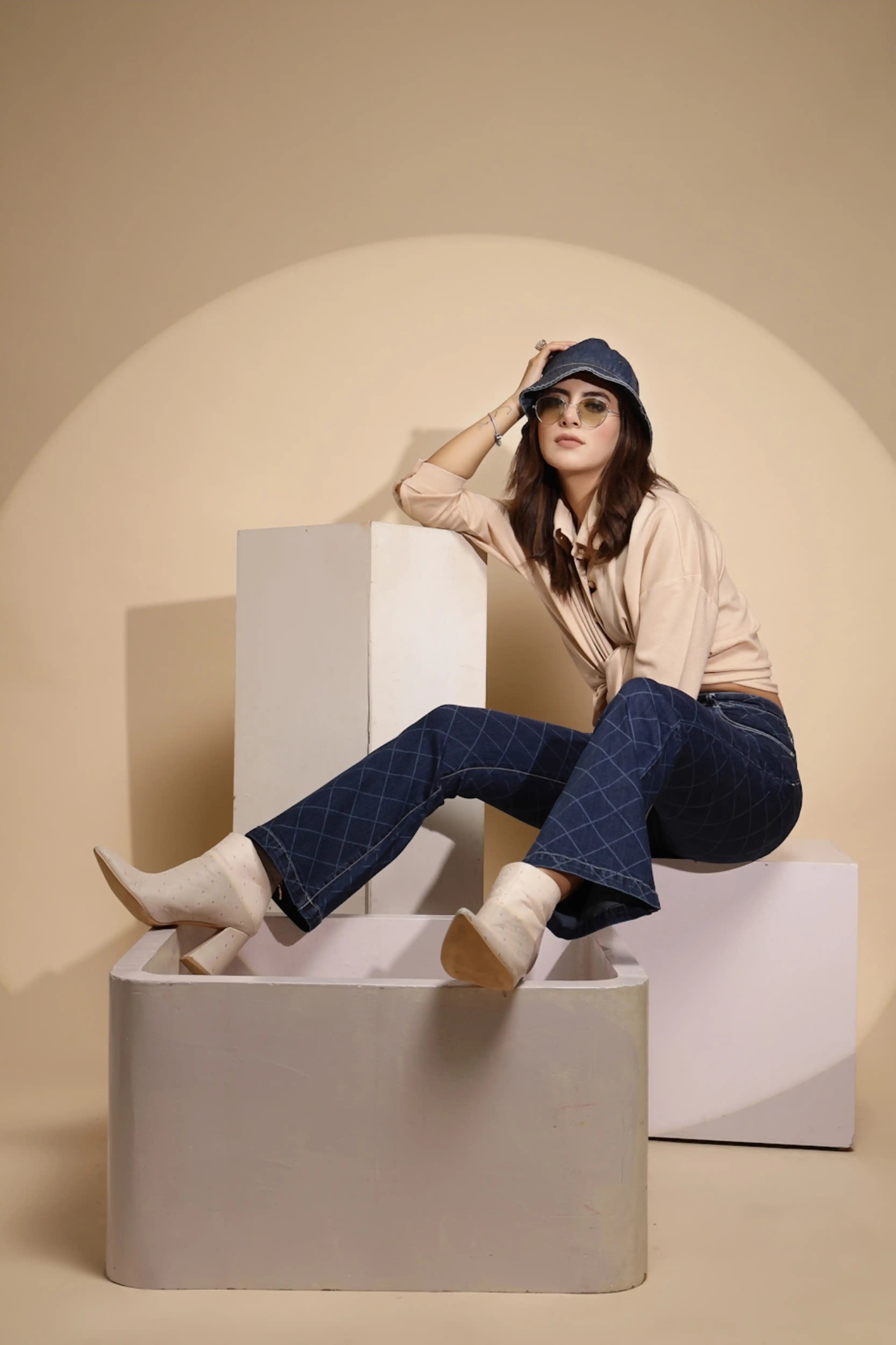 Blue Checkered Bootcut Jeans