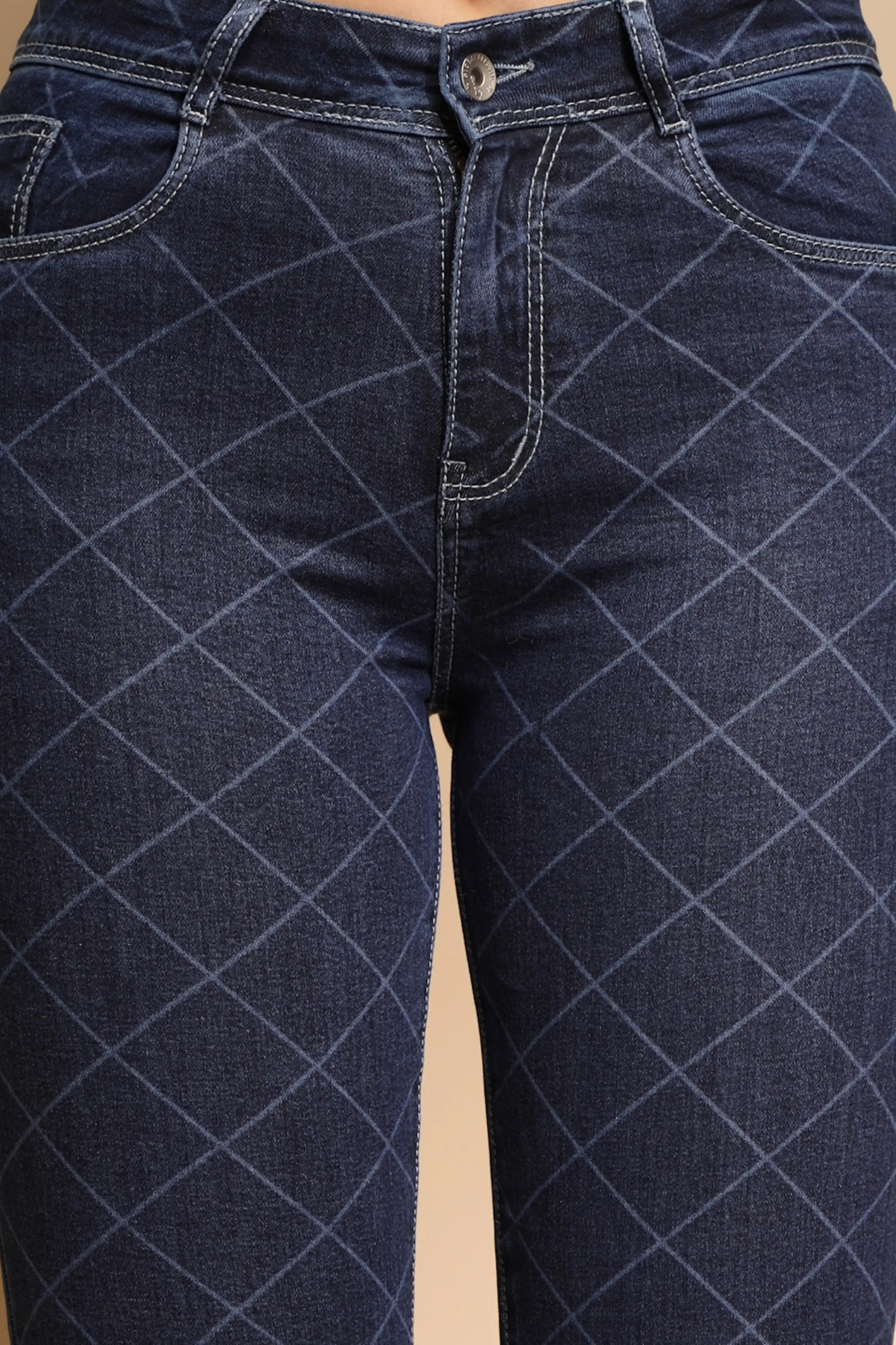 Blue Checkered Bootcut Jeans