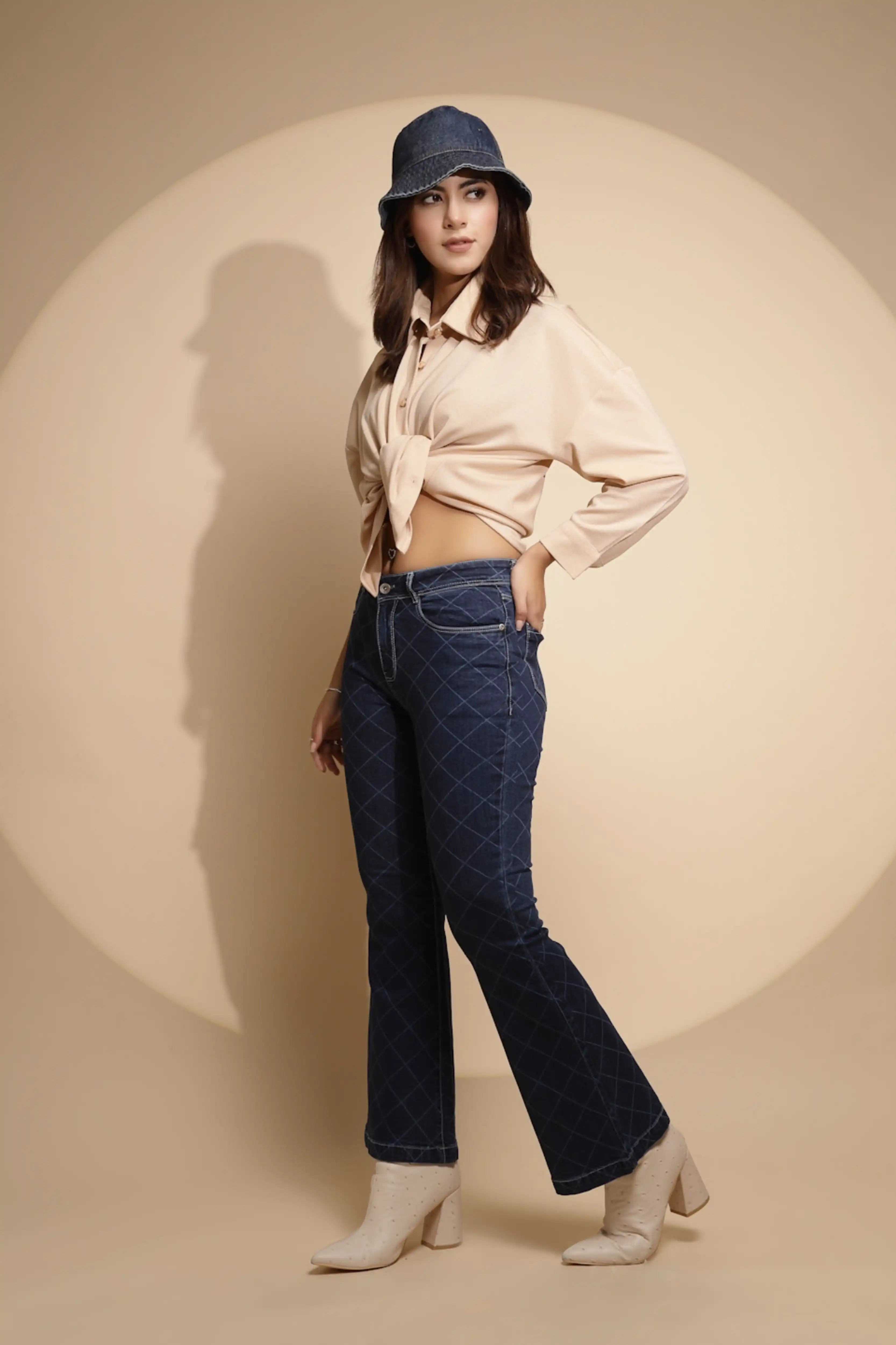 Blue Checkered Bootcut Jeans