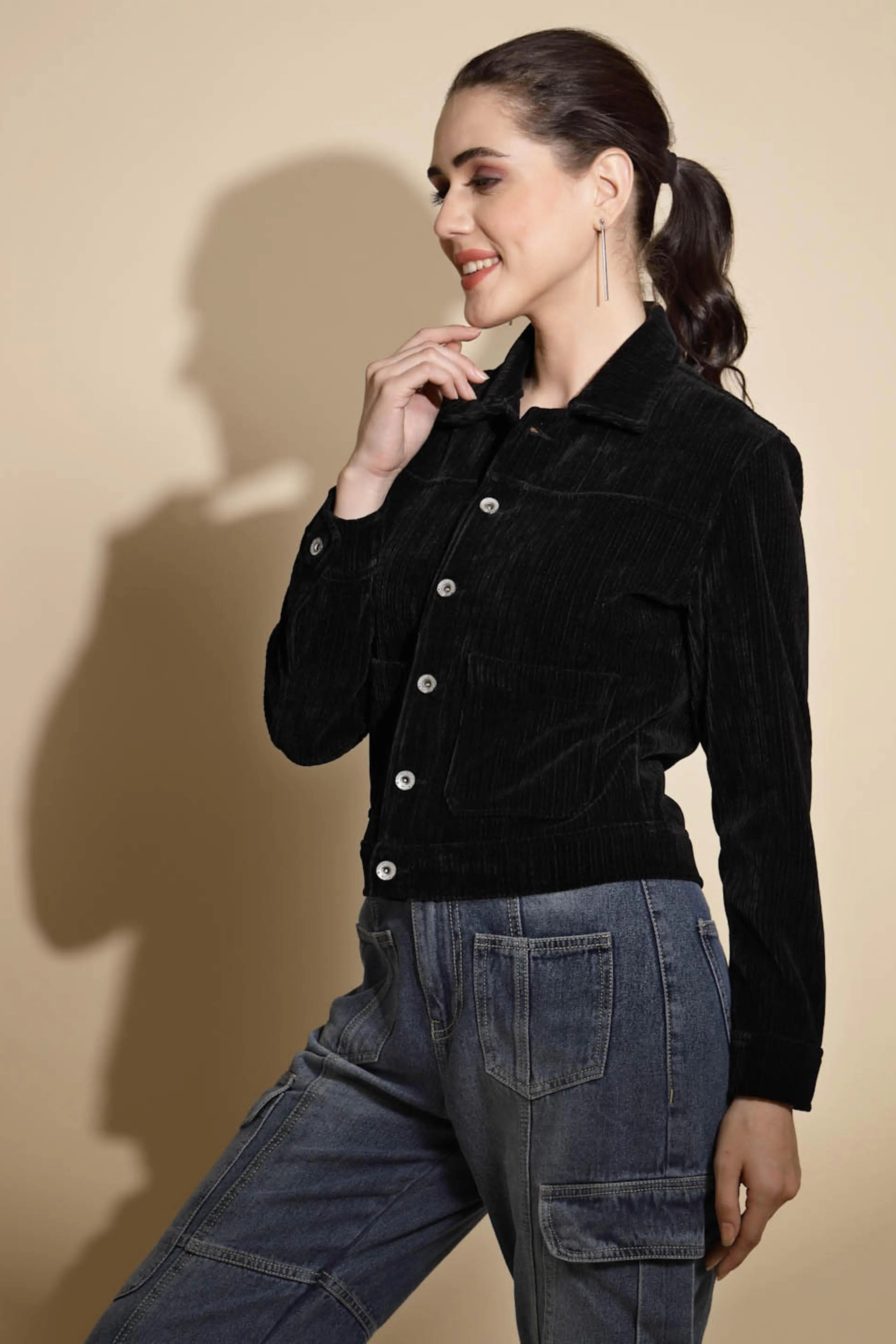 Black Corduroy Suede Jacket - Global Republic