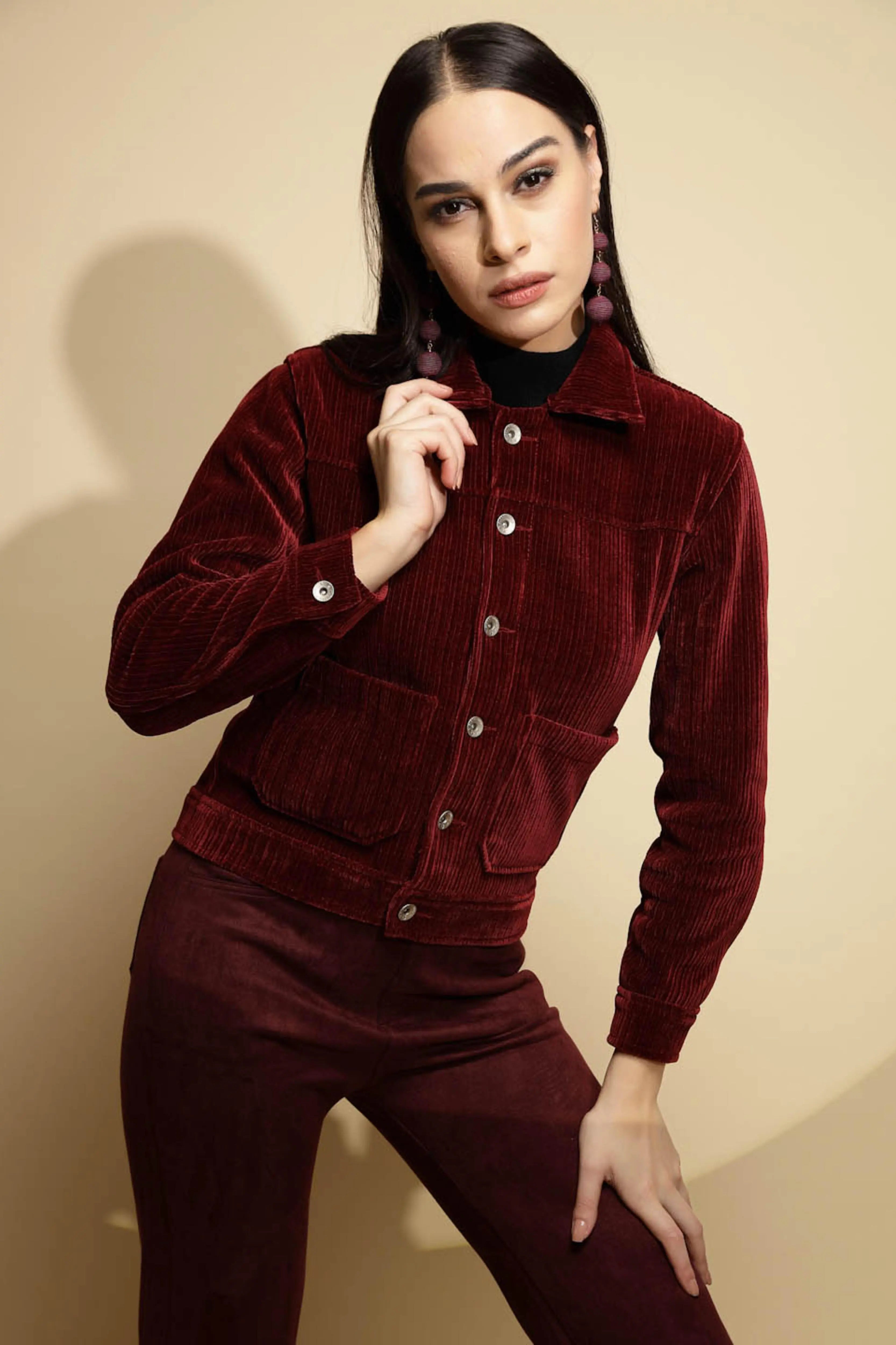 Maroon Solid Corduroy Suede Jacket - Global Republic