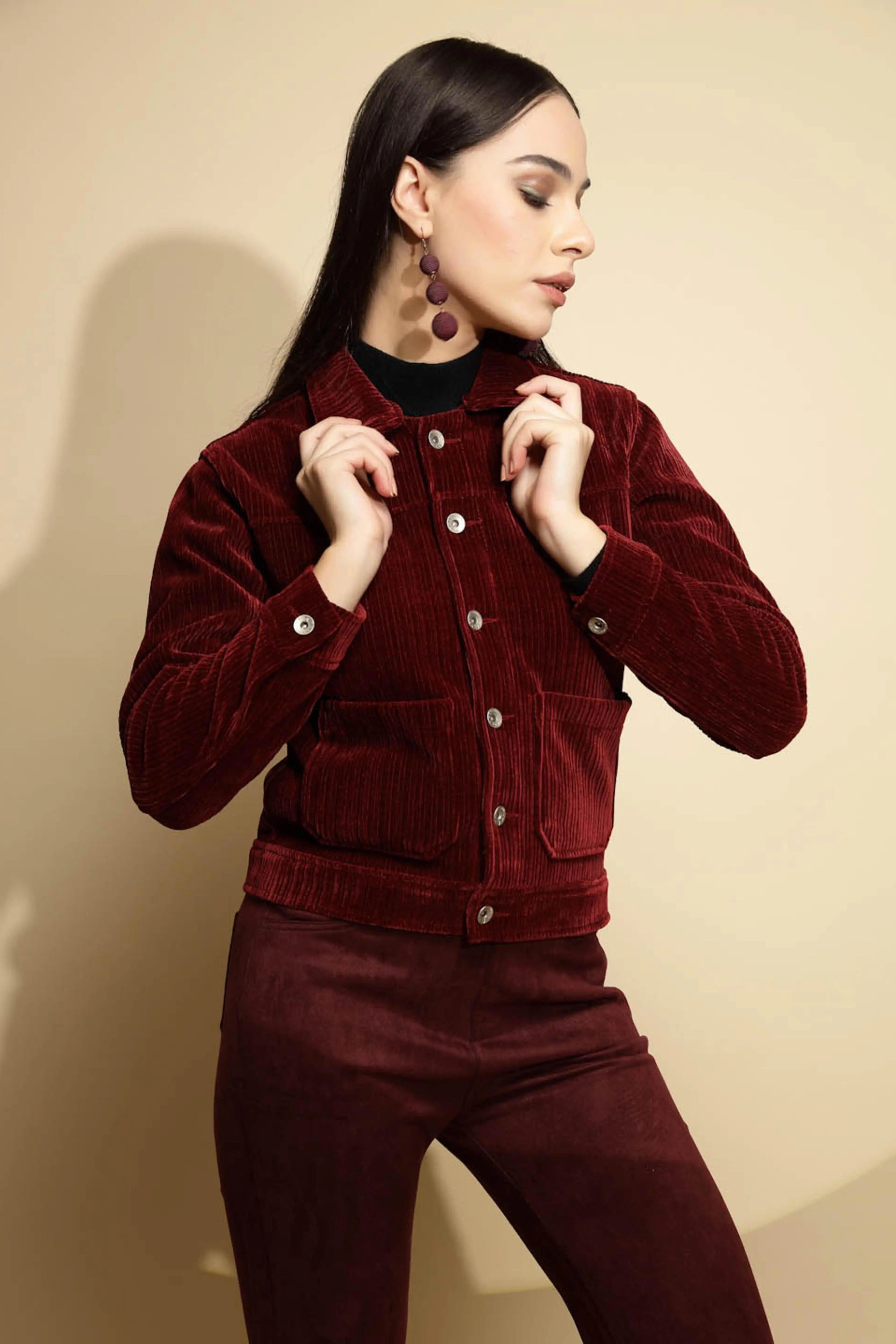 Maroon Solid Corduroy Suede Jacket - Global Republic