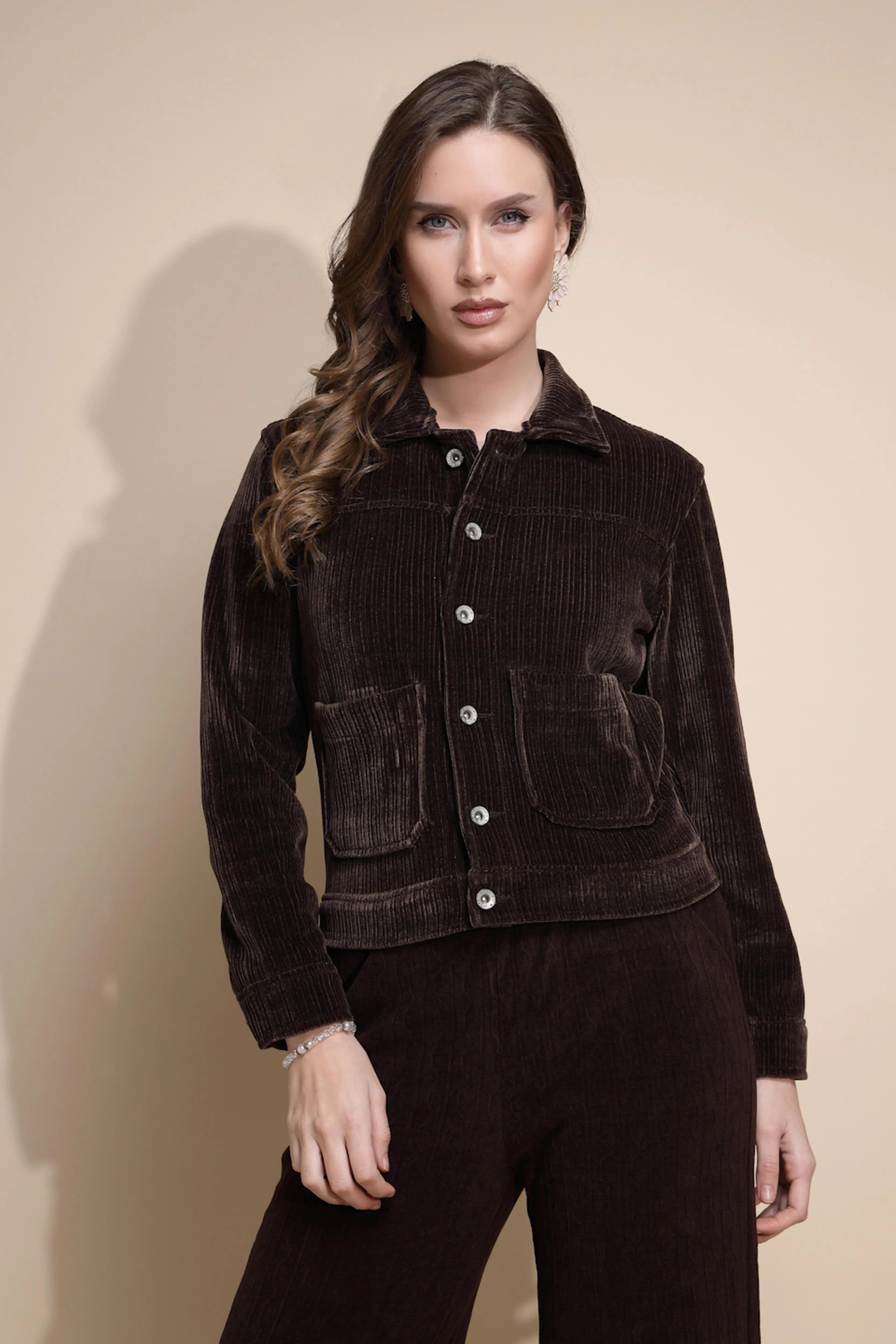 Brown Corduroy Solid Jacket - Global Republic