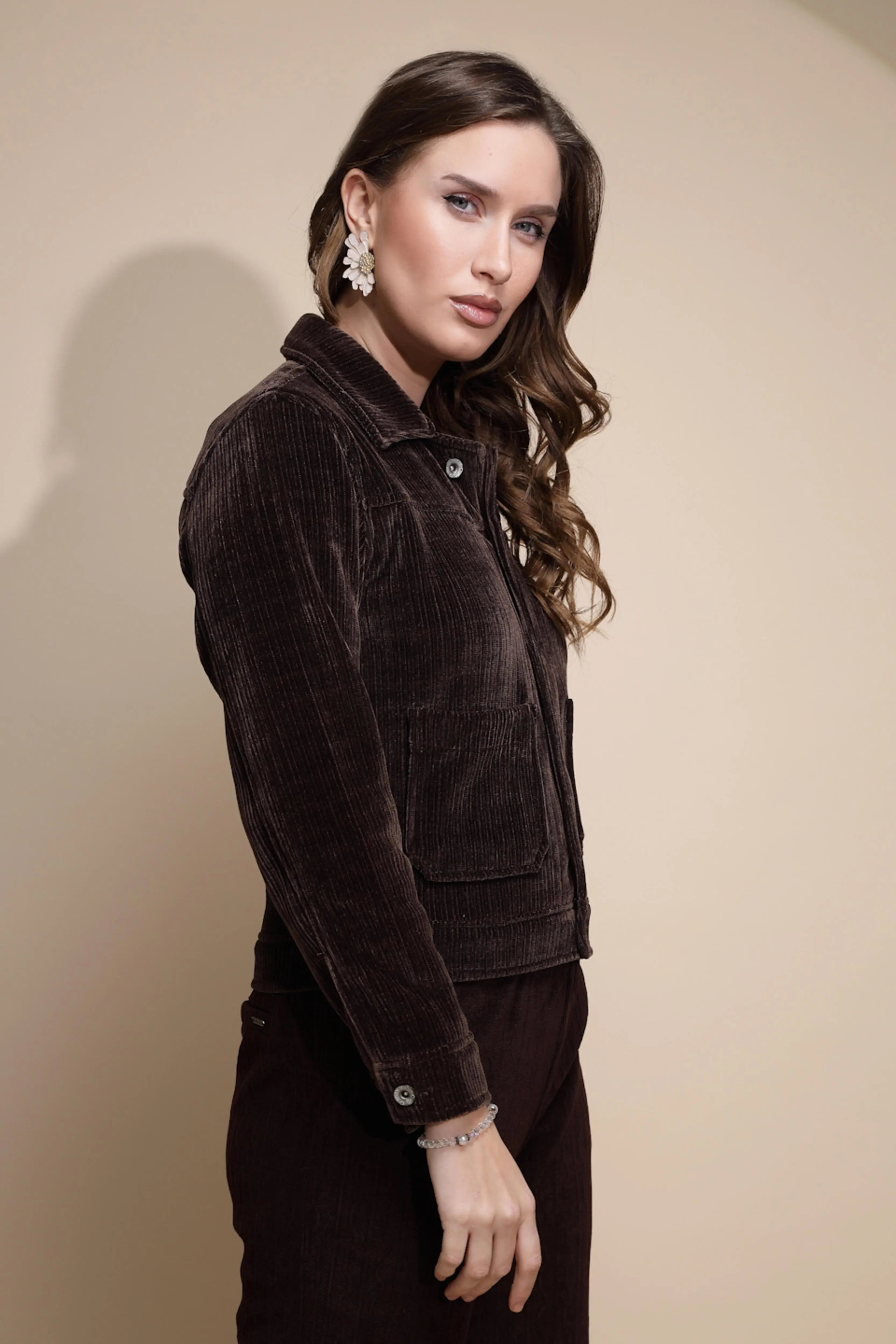 Brown Corduroy Solid Jacket - Global Republic