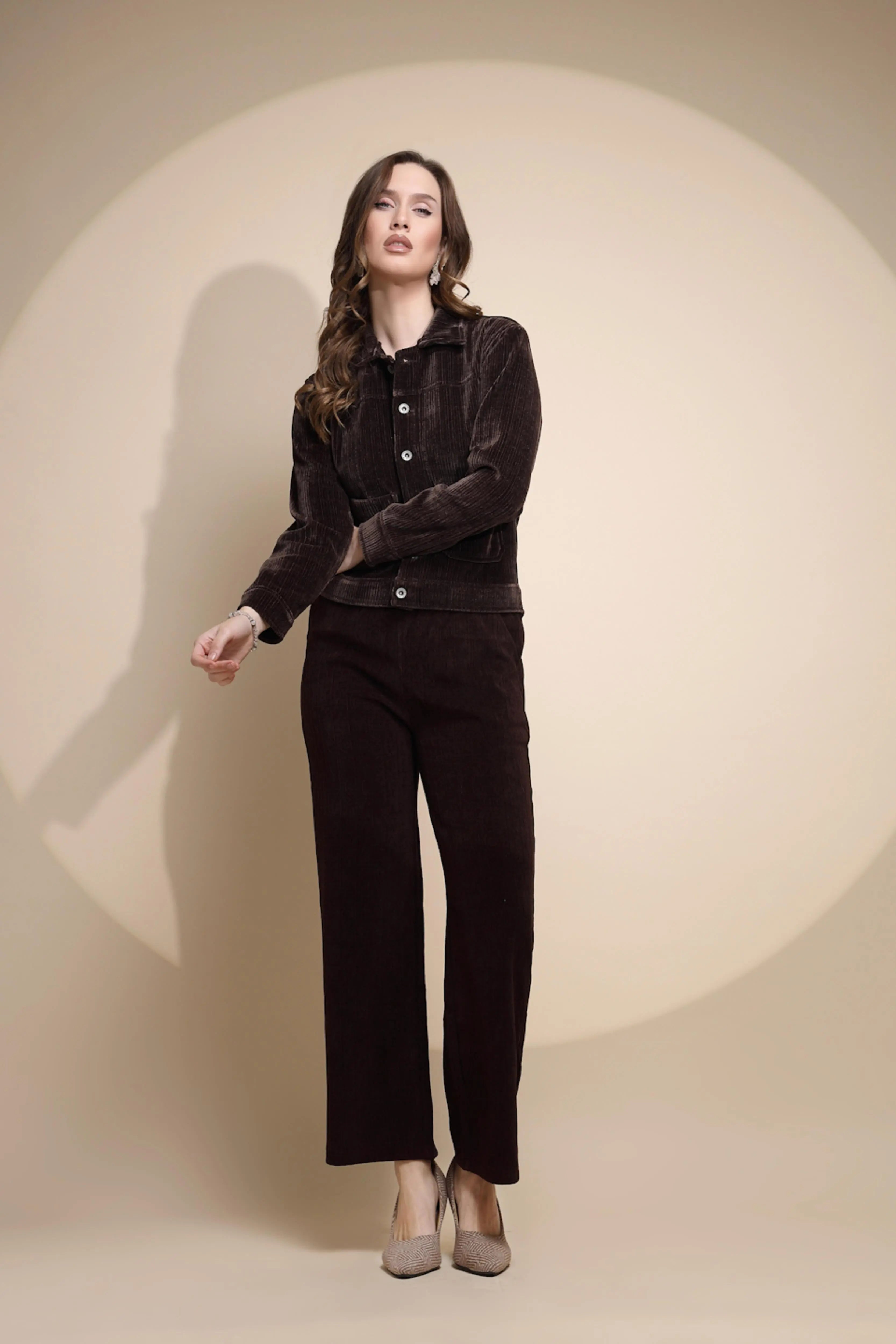 Brown Corduroy Solid Jacket - Global Republic