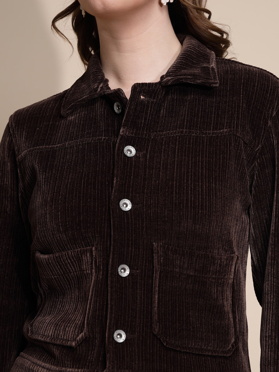 Brown Corduroy Solid Jacket - Global Republic