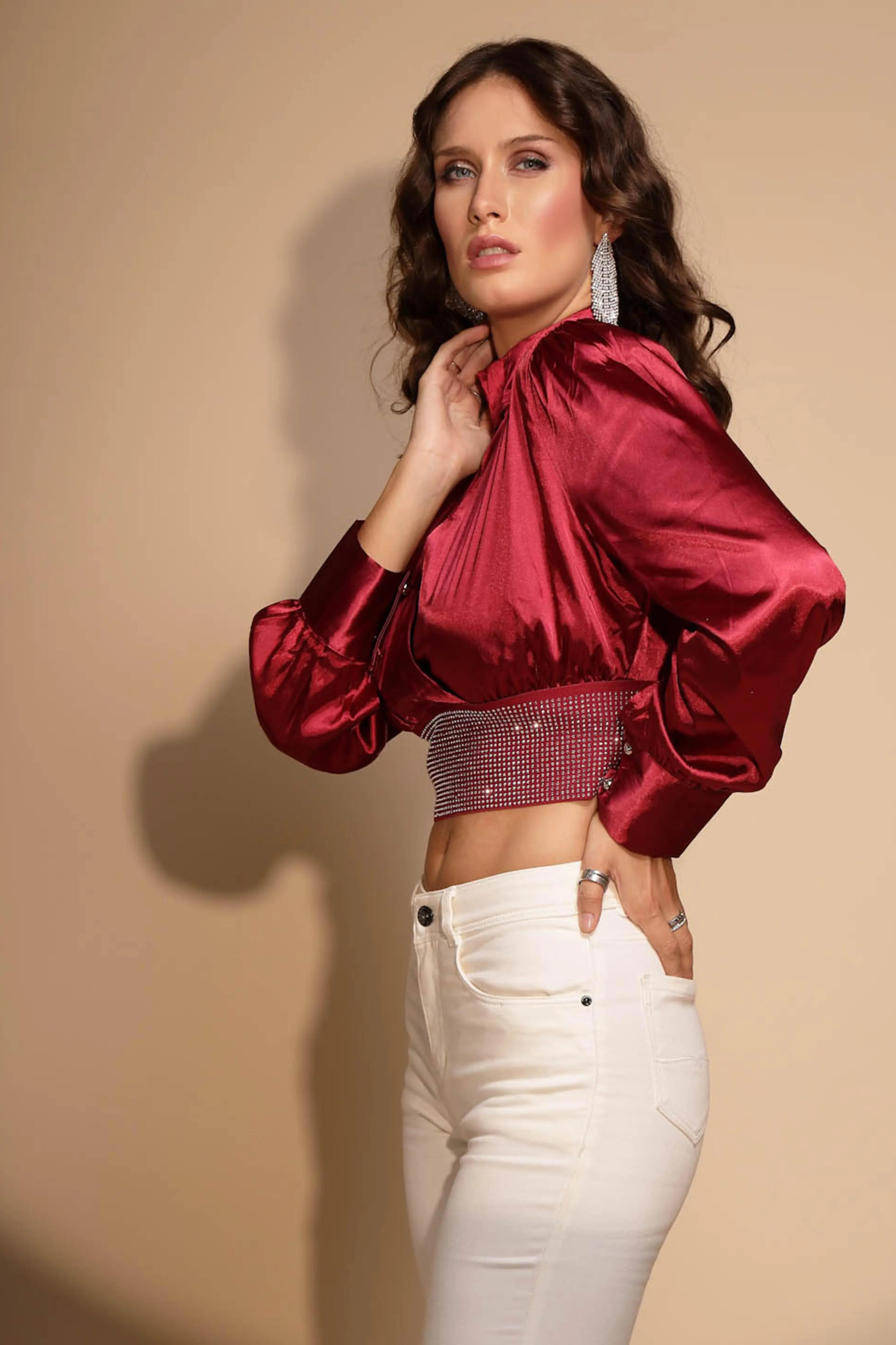 Women's Solid Keyhole Neck Maroon Blouson Top - Global Republic