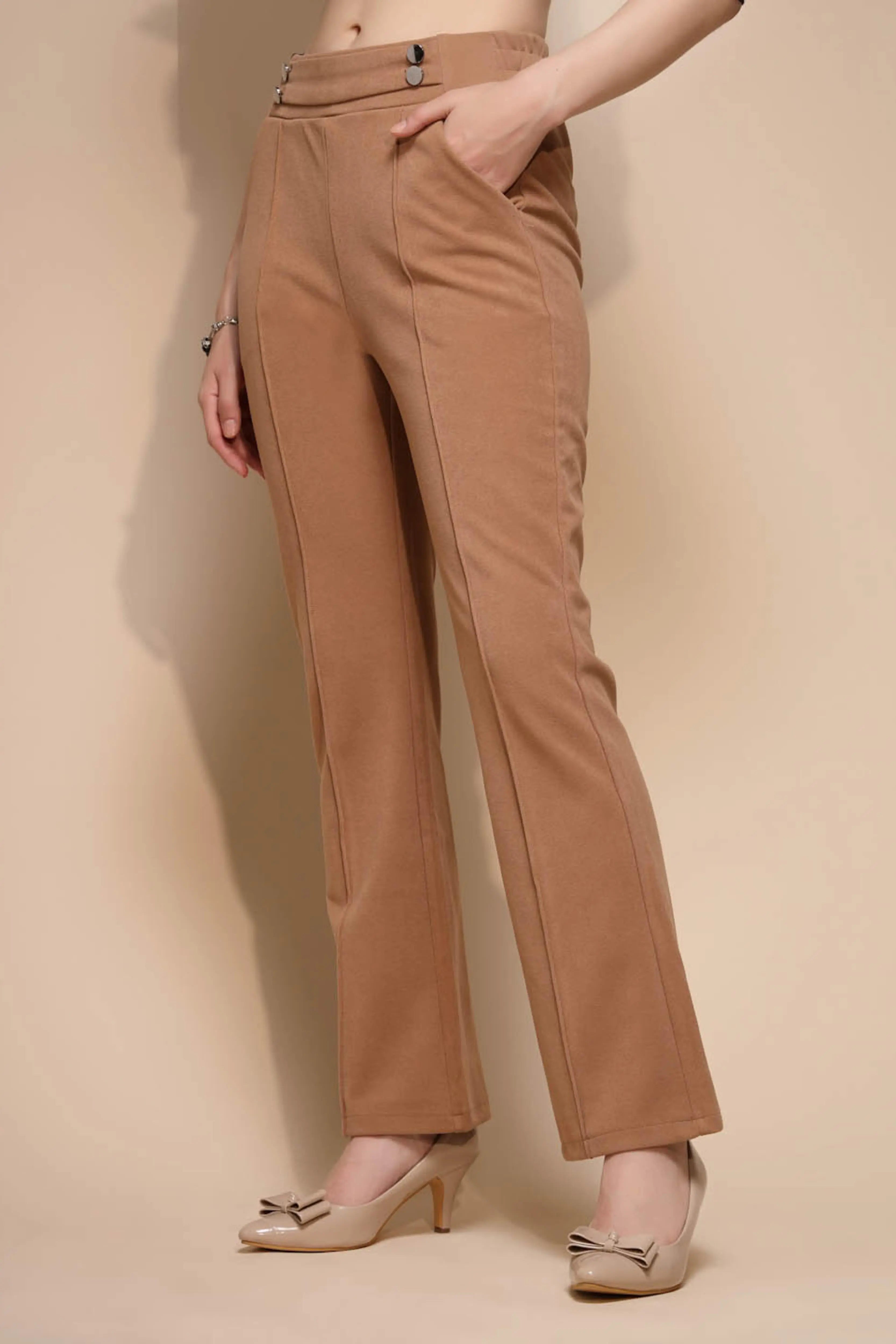 Brown Solid High Rise Trouser For Winter - Global Republic