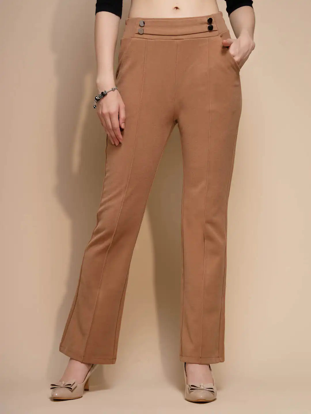 Brown Solid High Rise Trouser For Winter - Global Republic