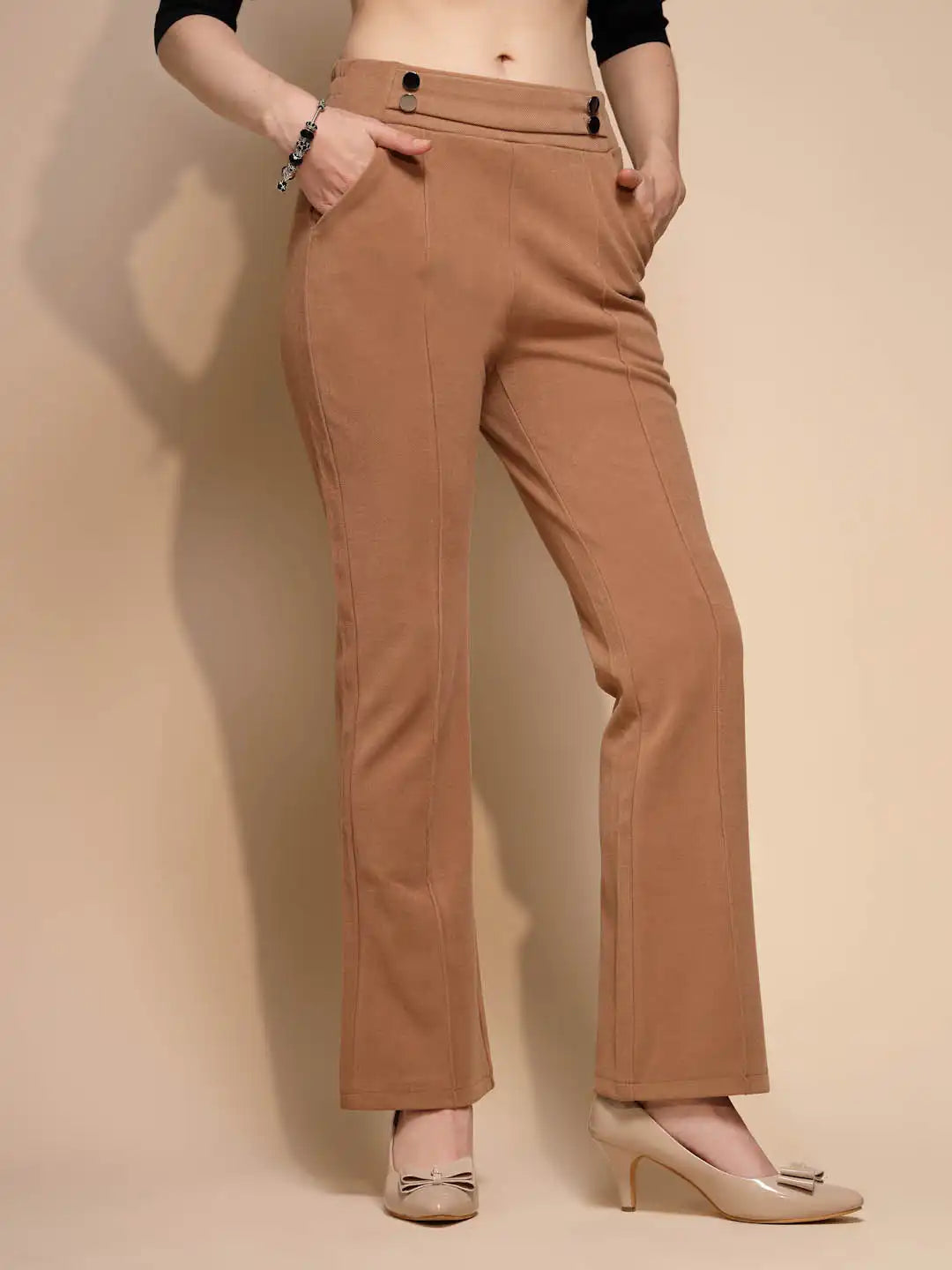 Brown Solid High Rise Trouser For Winter - Global Republic