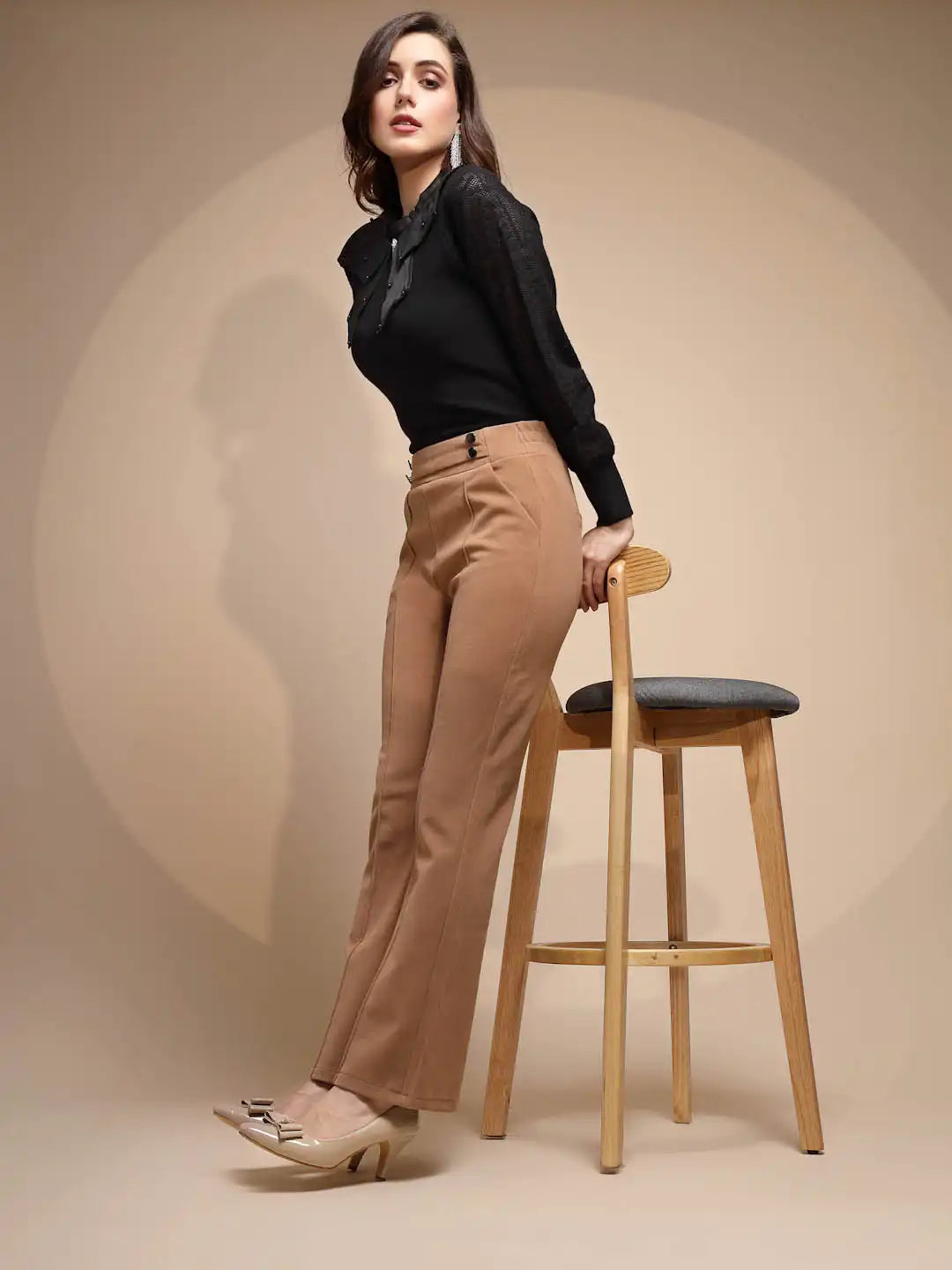 Brown Solid High Rise Trouser For Winter - Global Republic