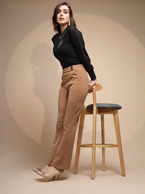 Brown Solid High Rise Trouser