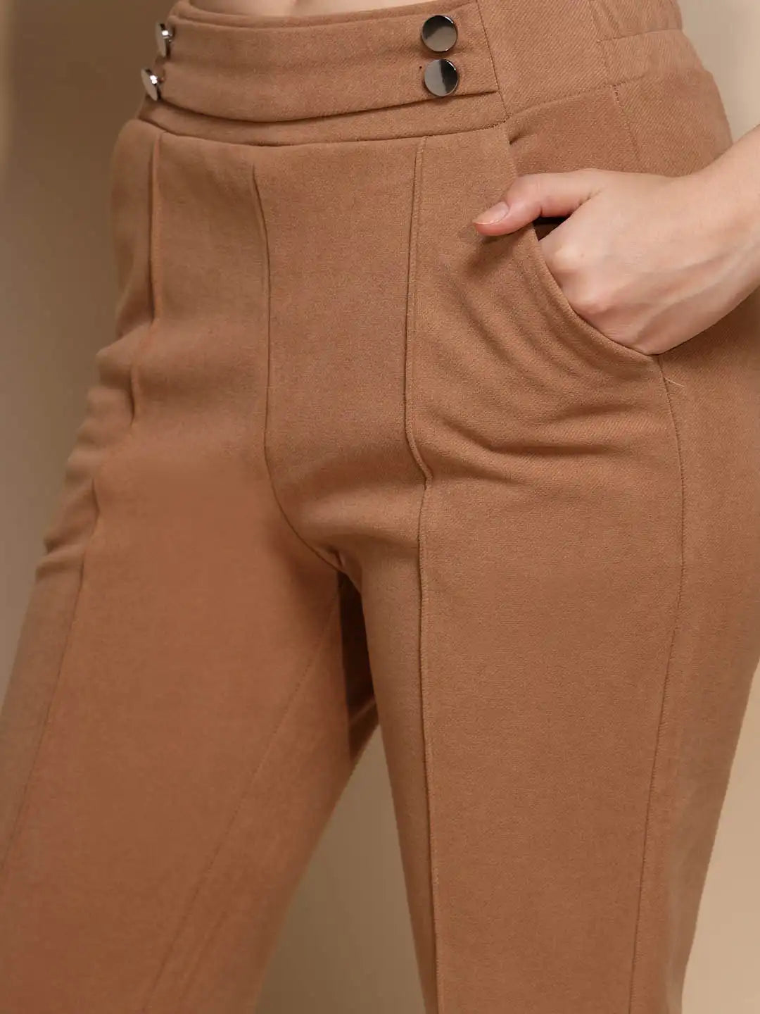Brown Solid High Rise Trouser For Winter - Global Republic