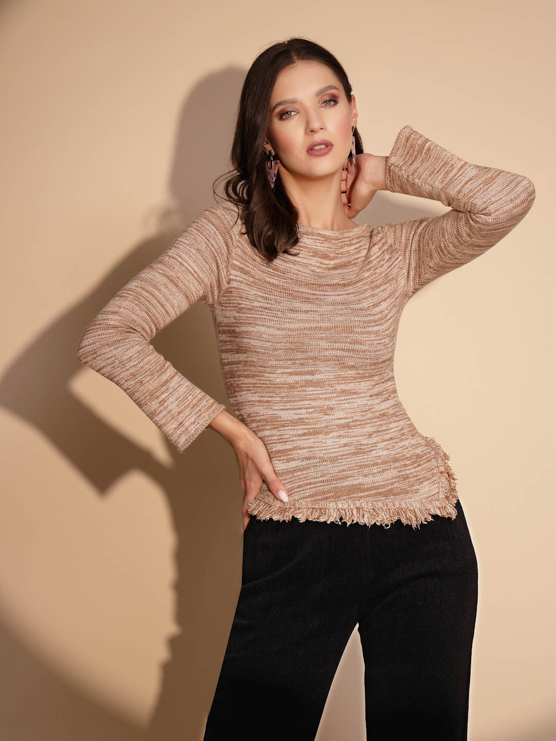 Beige Full Sleeve Boat Neck Pullover for Women