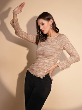 Beige Full Sleeve Boat Neck Pullover for Women