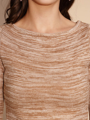 Beige Full Sleeve Boat Neck Pullover for Women