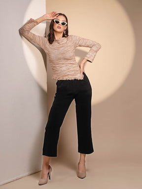 Beige Full Sleeve Boat Neck Pullover