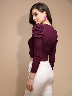Purple Solid Roundneck Acrylic Pullover
